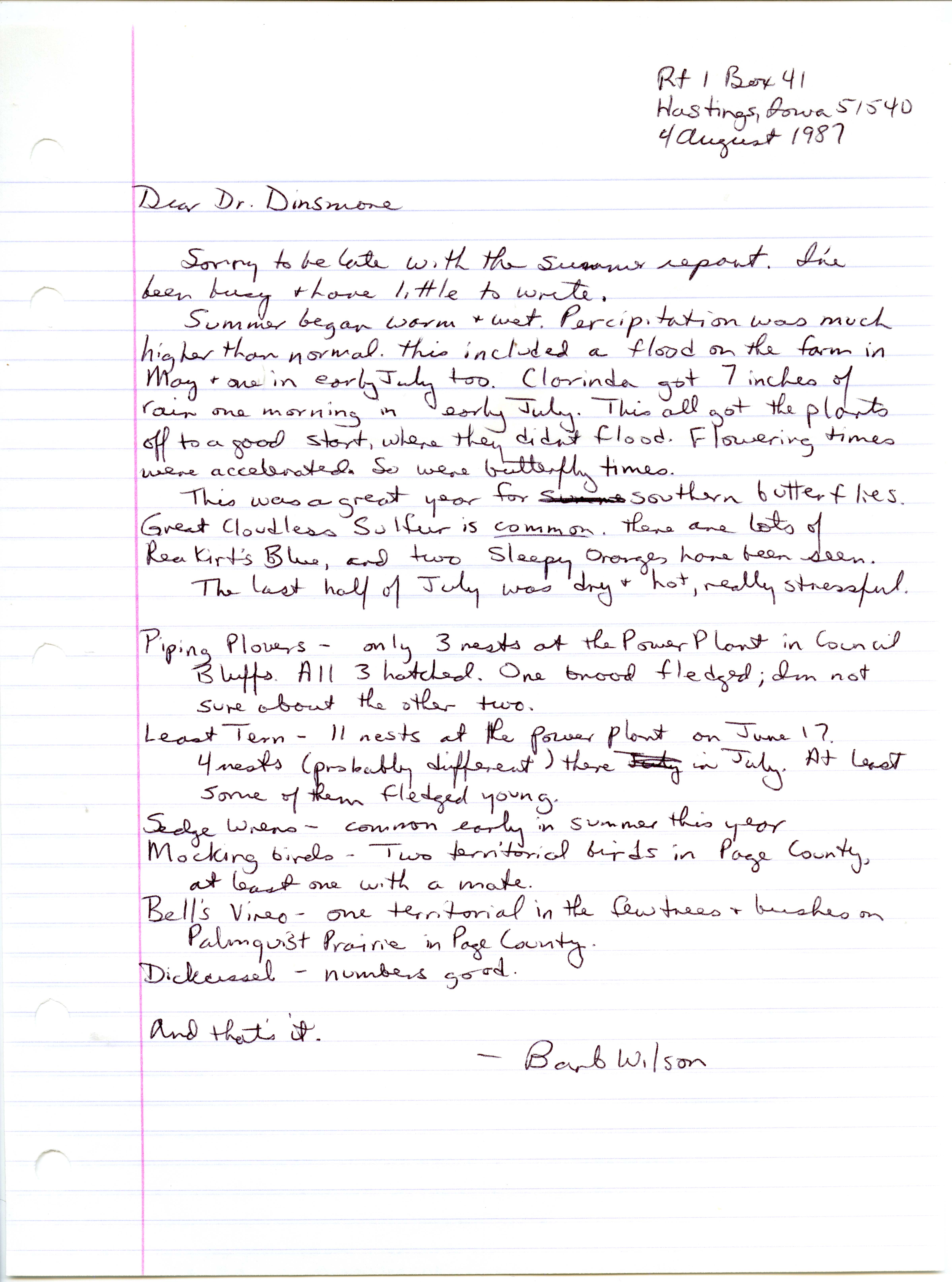 Barbara L. Wilson letter to James J. Dinsmore regarding summer bird sightings, August 4, 1987