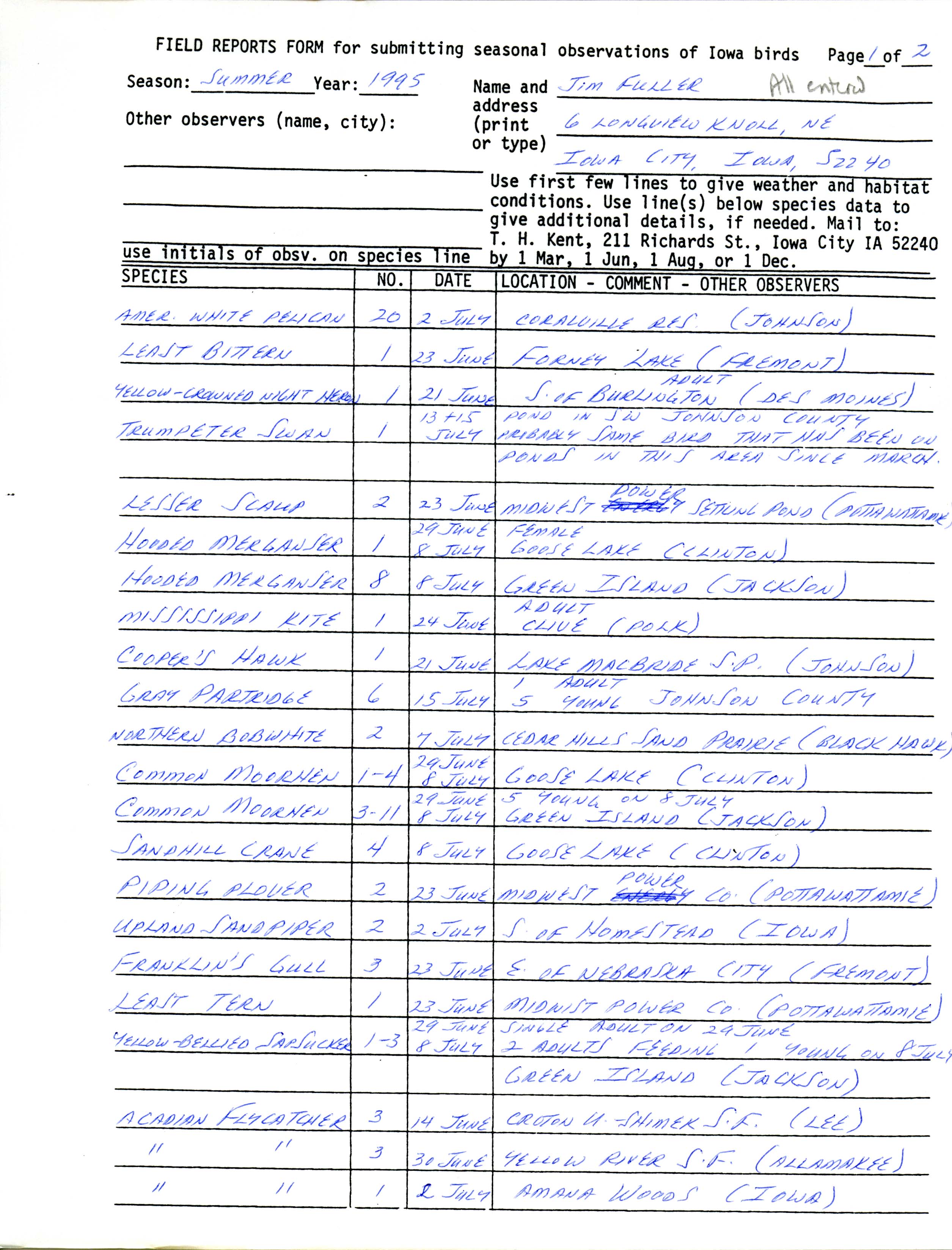 Field reports form for submitting seasonal observations of Iowa birds, summer 1995, Jim Fuller