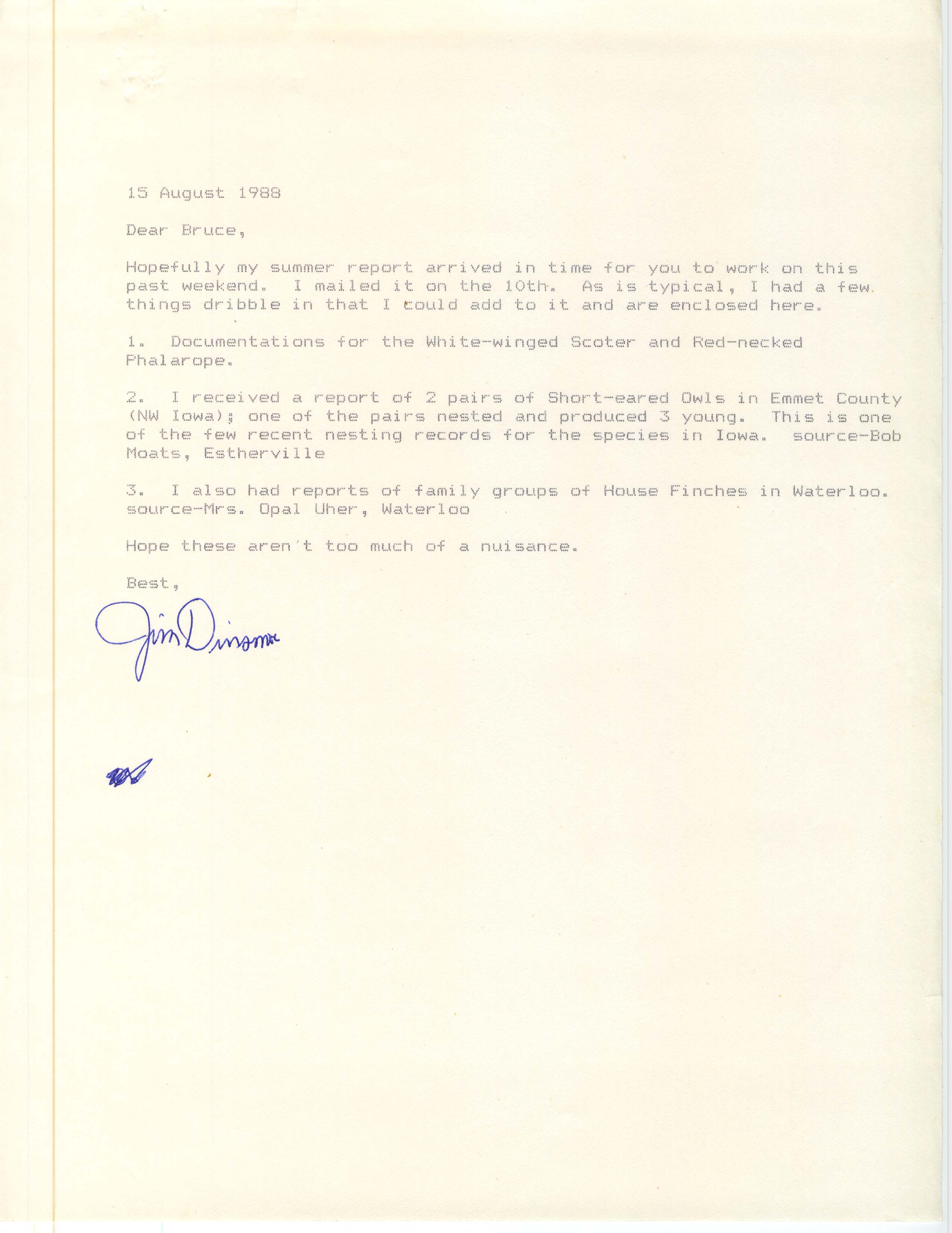 James J. Dinsmore letter to Bruce G. Peterjohn with additional summer bird sightings, August 15, 1988