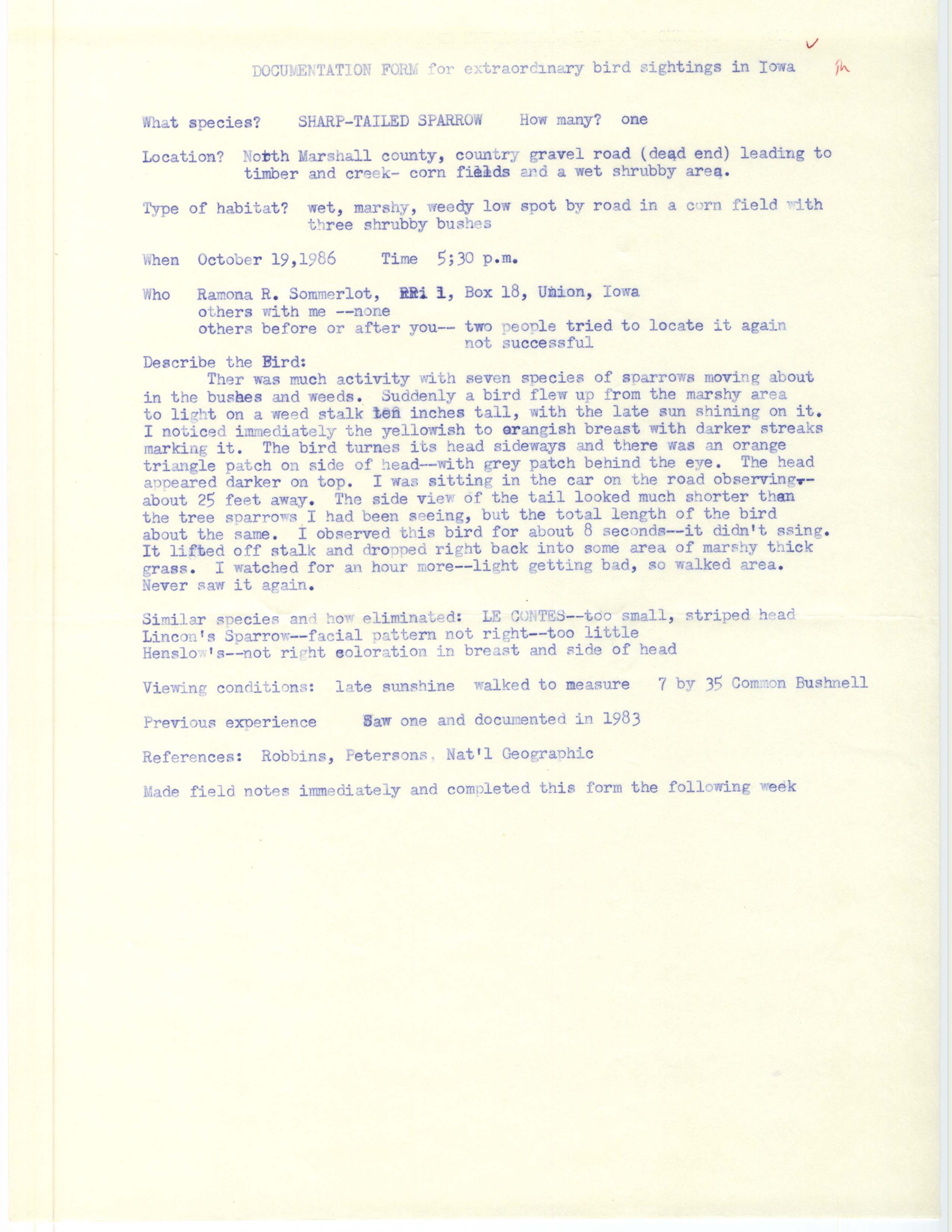 Rare bird documentation form for Sharp-tailed Sparrow at North Marshall County, 1986