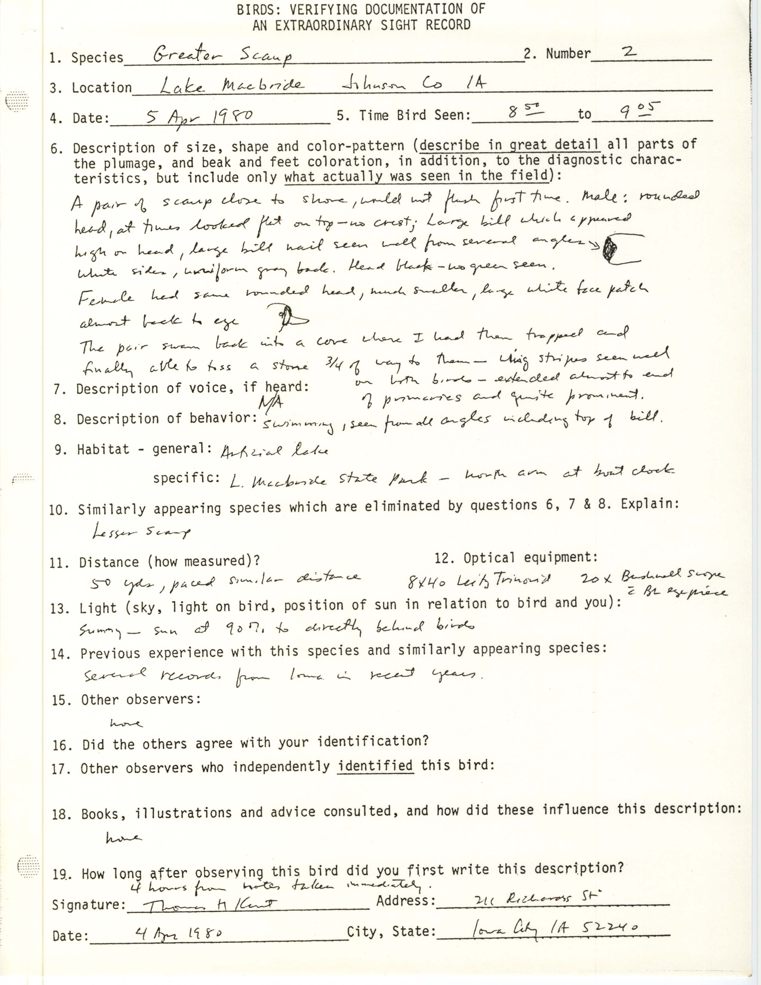 Rare bird documentation form for Greater Scaup at Lake Macbride, 1980