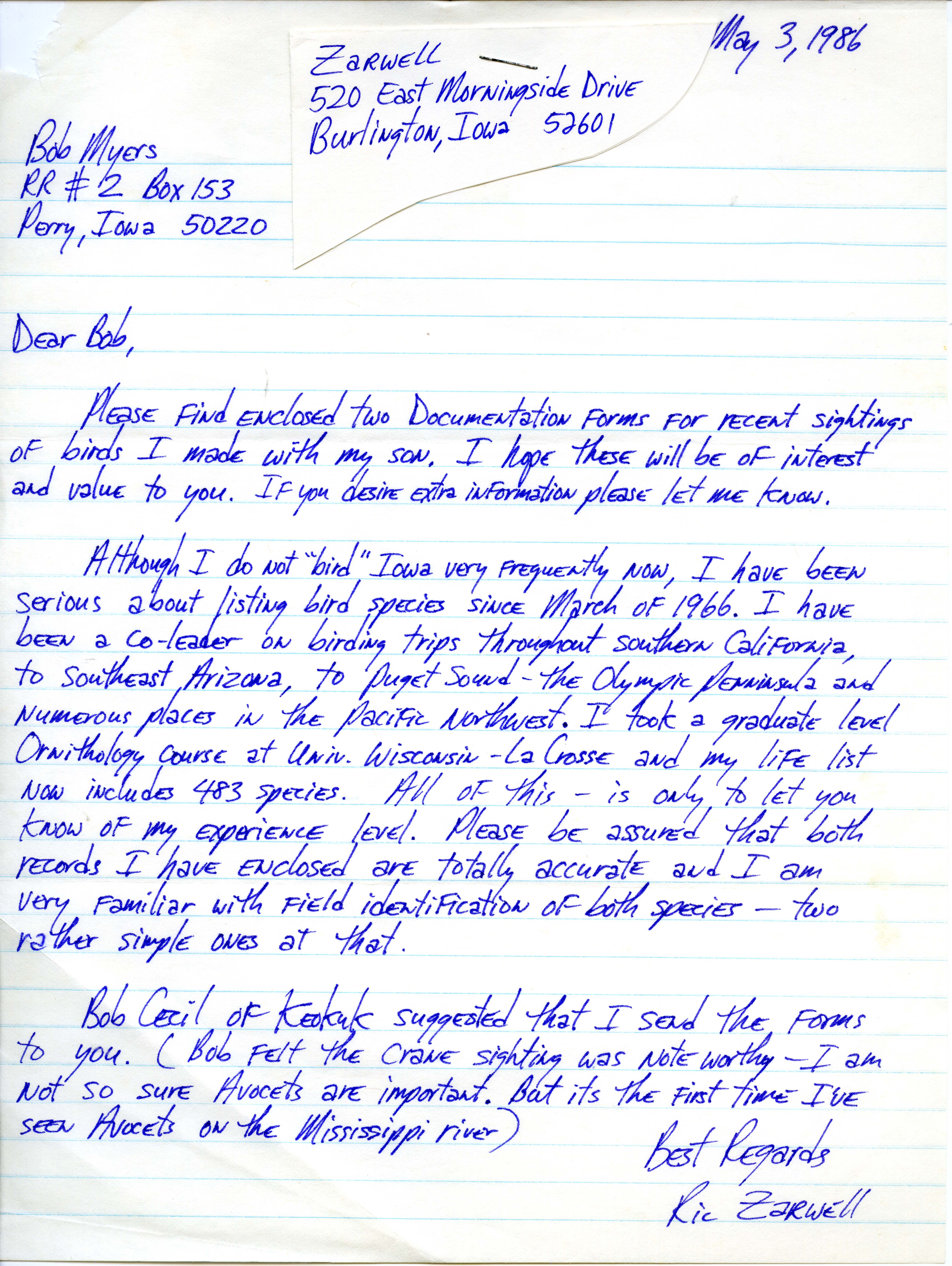 Ric Zarwell letter to Robert Myers regarding birding experience, May 3, 1986