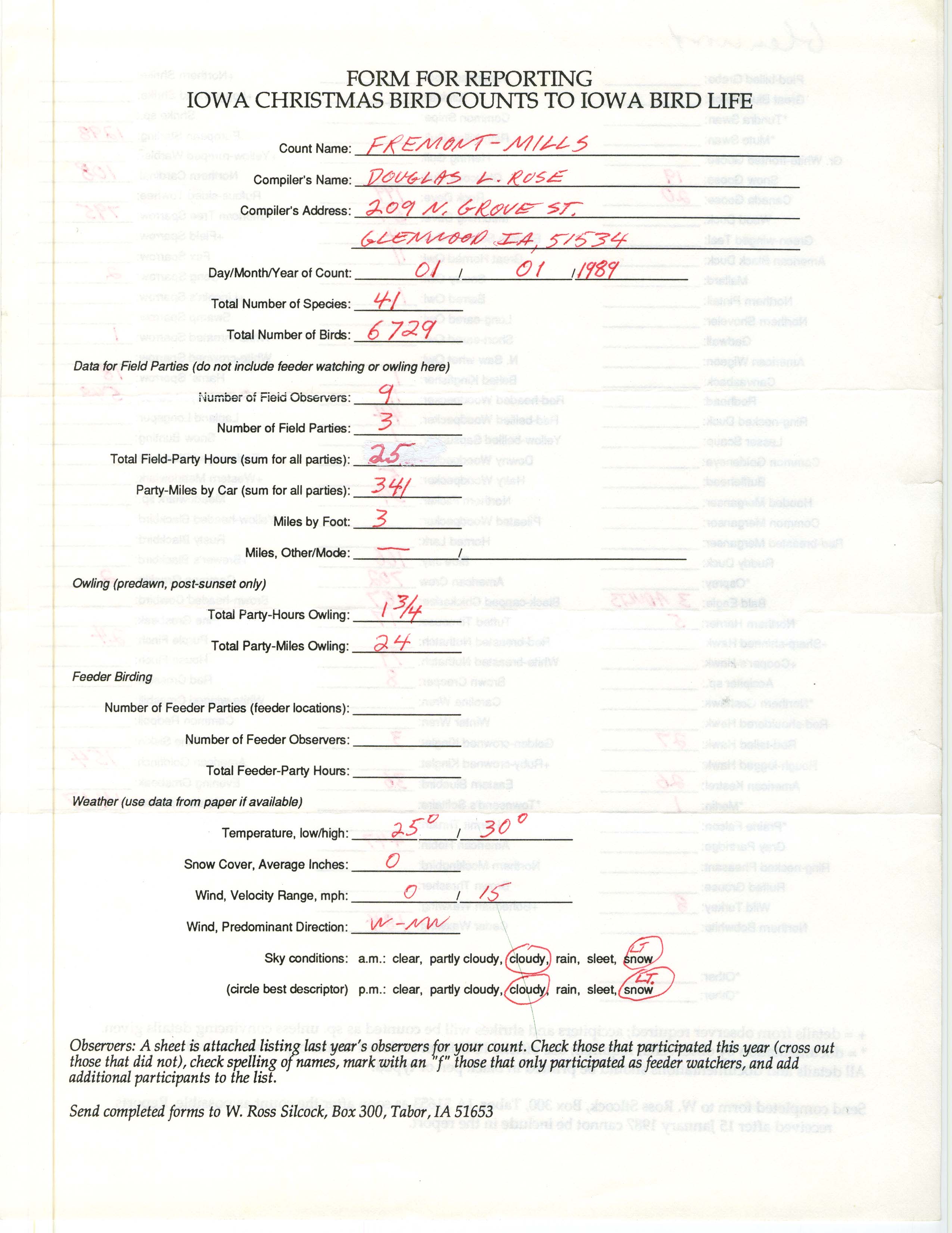 Form for reporting Iowa Christmas bird counts to Iowa Bird Life, Douglas Rose, January 1, 1989