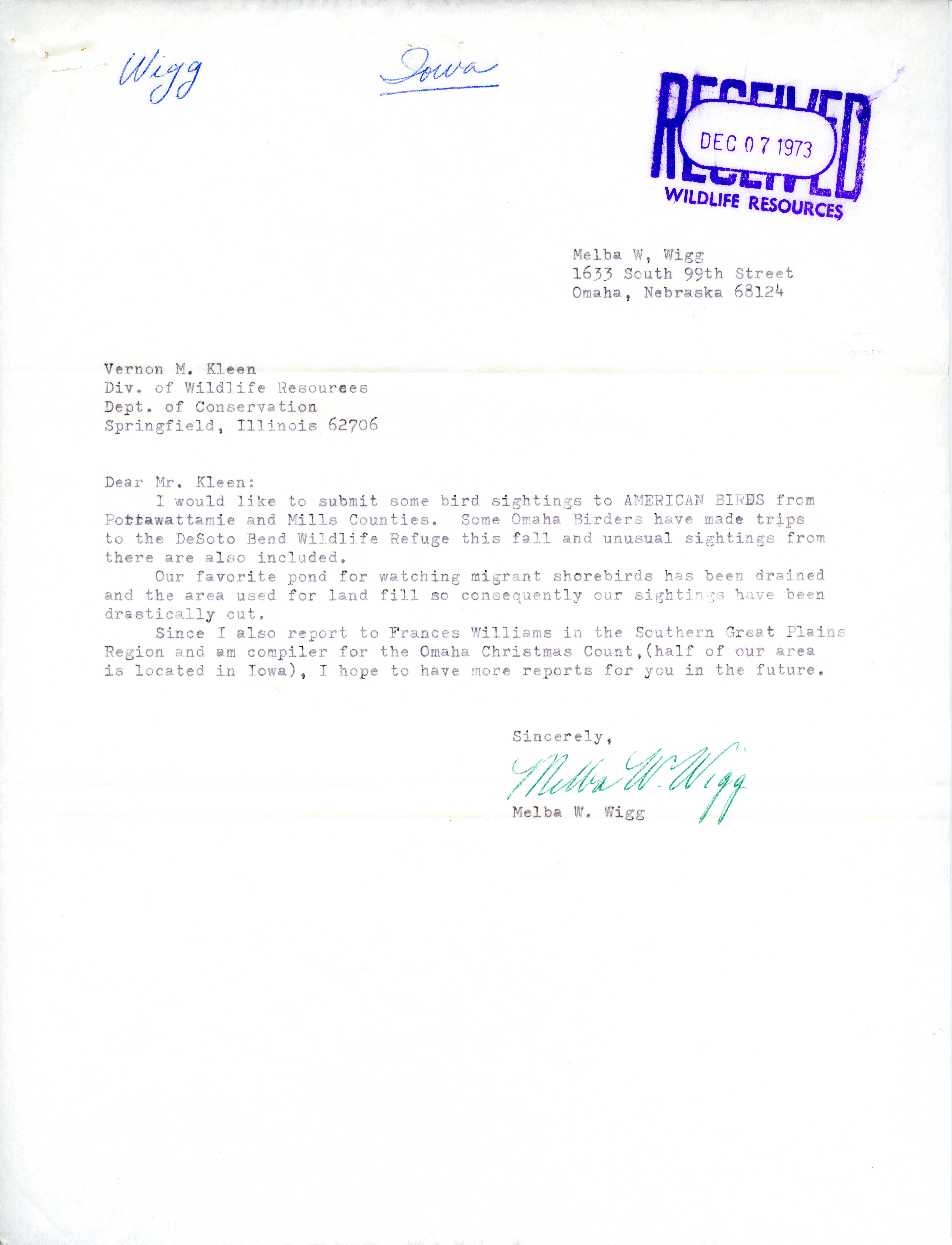 Melba Wigg letter and report to Vernon M. Kleen regarding bird sightings in Pottawattamie and Mills Counties, Iowa, fall 1973