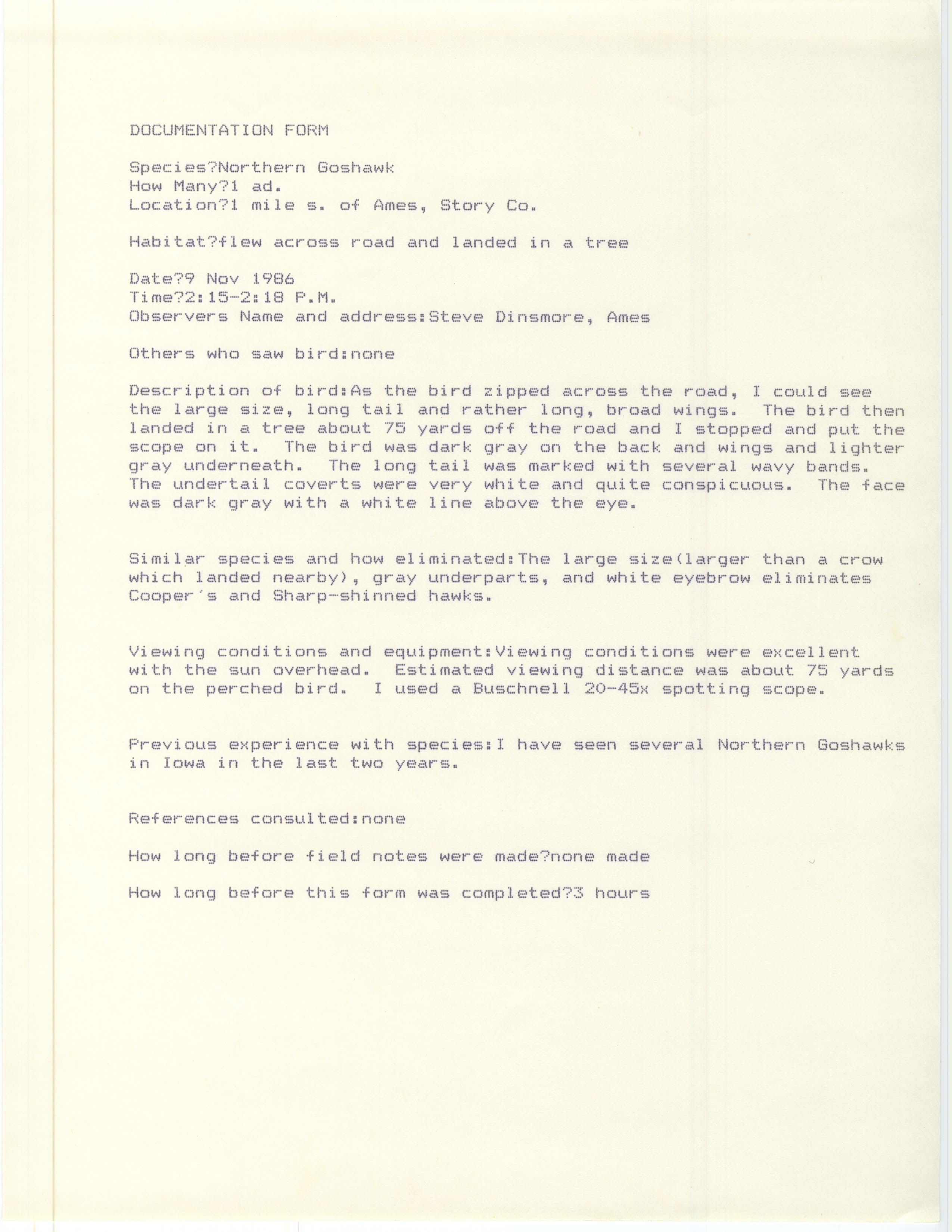 Rare bird documentation form for Northern Goshawk at Ames, 1986