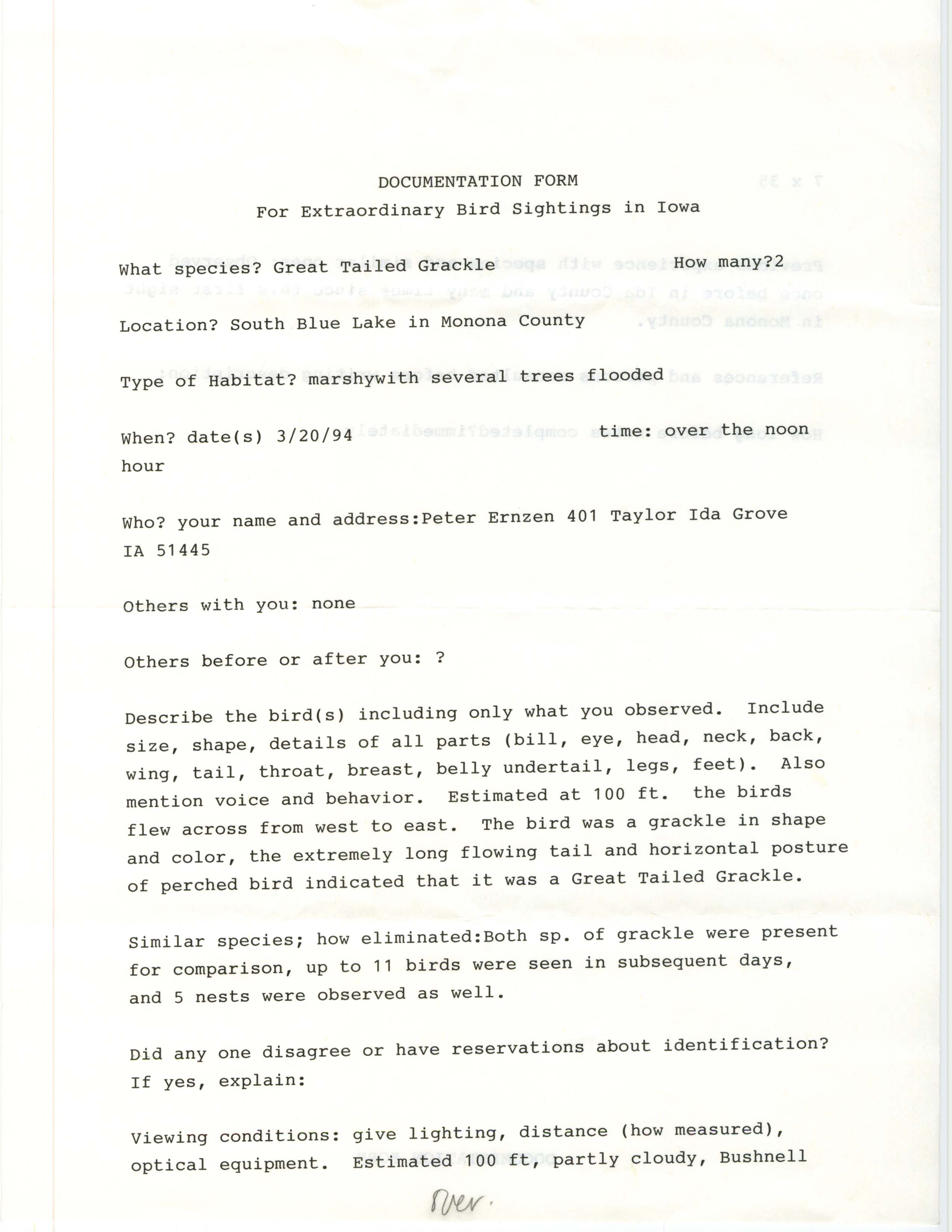 Rare bird documentation form for Great-tailed Grackle at Blue Lake, 1994