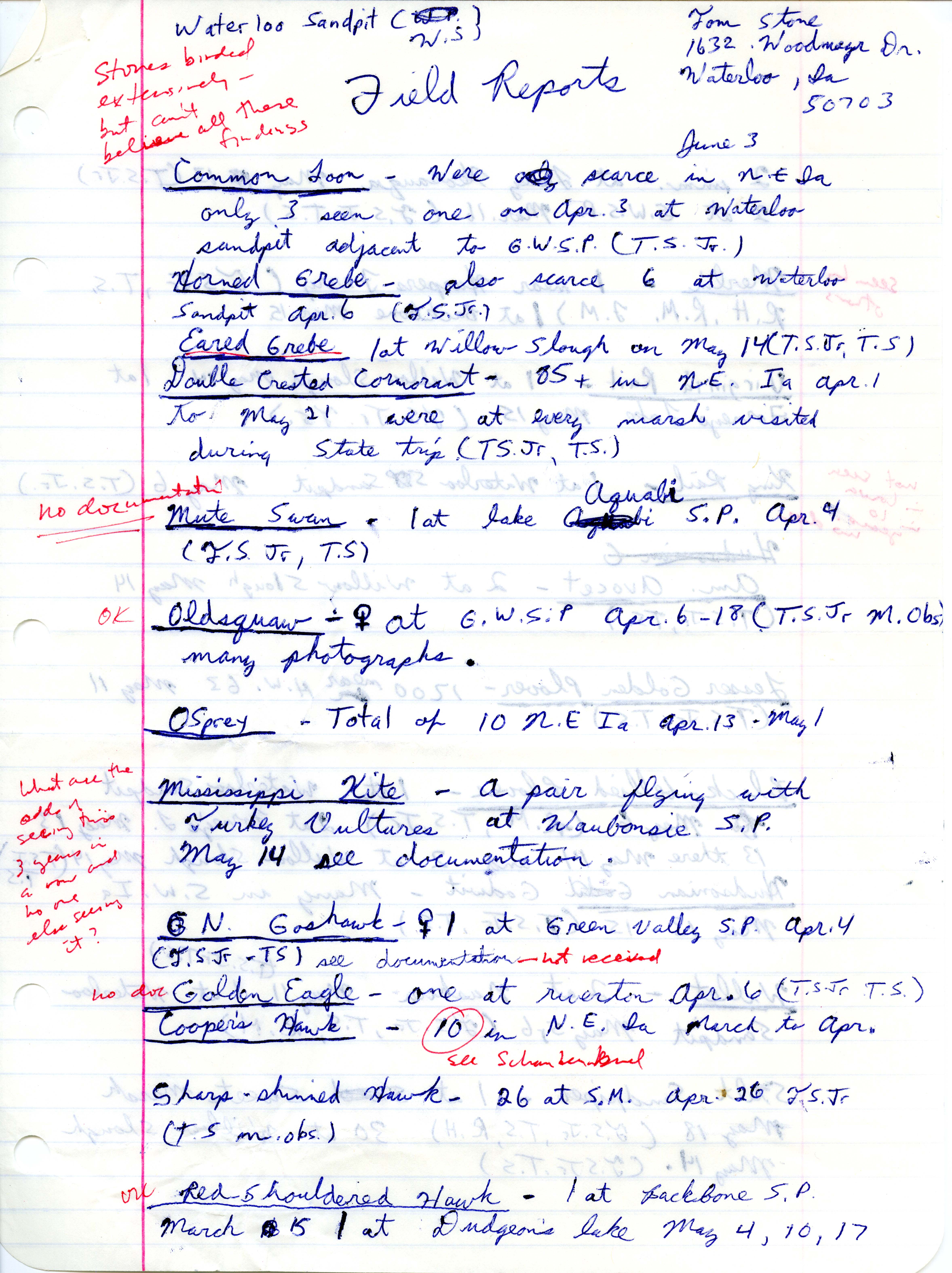 Field notes contributed by Tom Stone, June 3, 1980