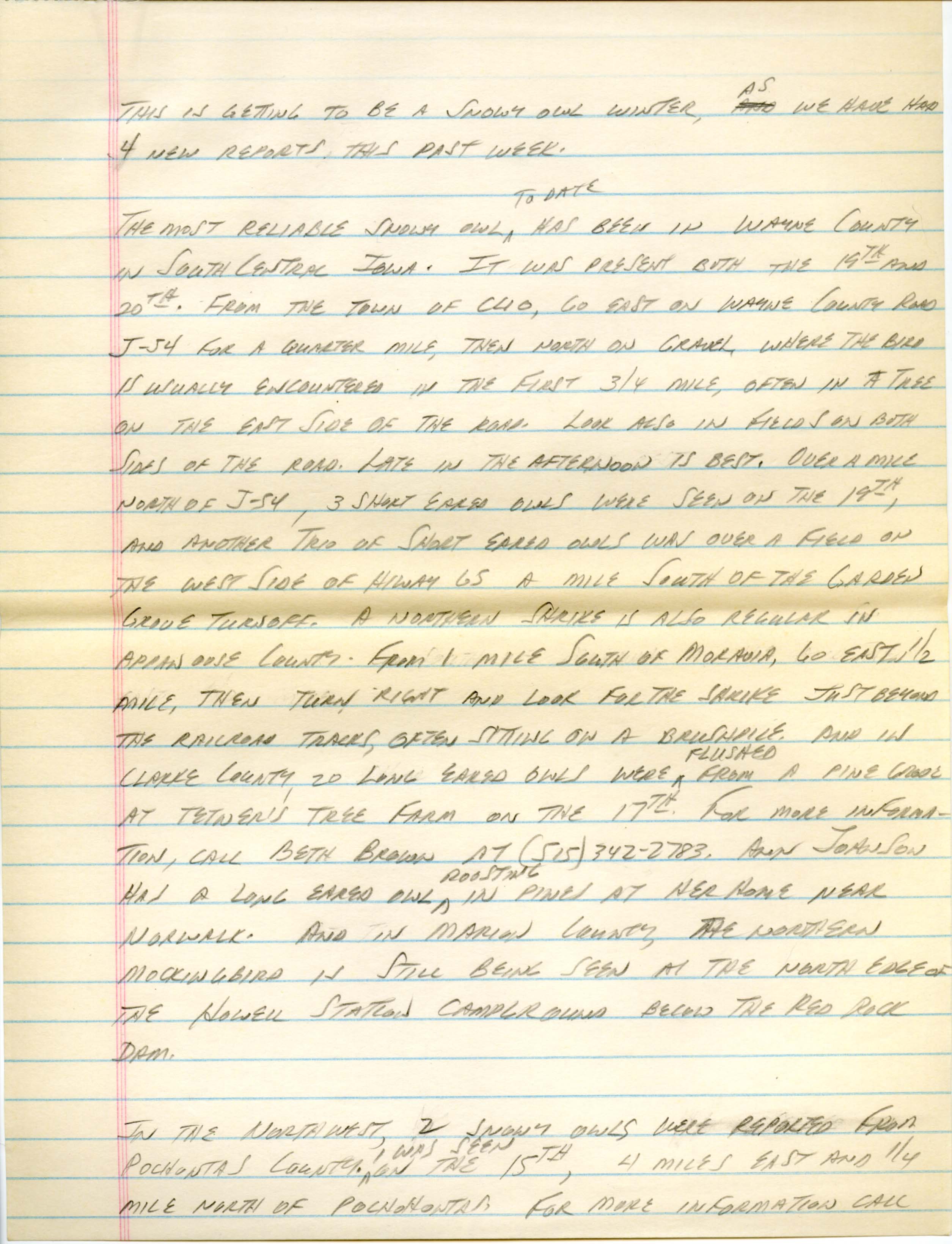Iowa Birdline update, January 21, 1991 notes