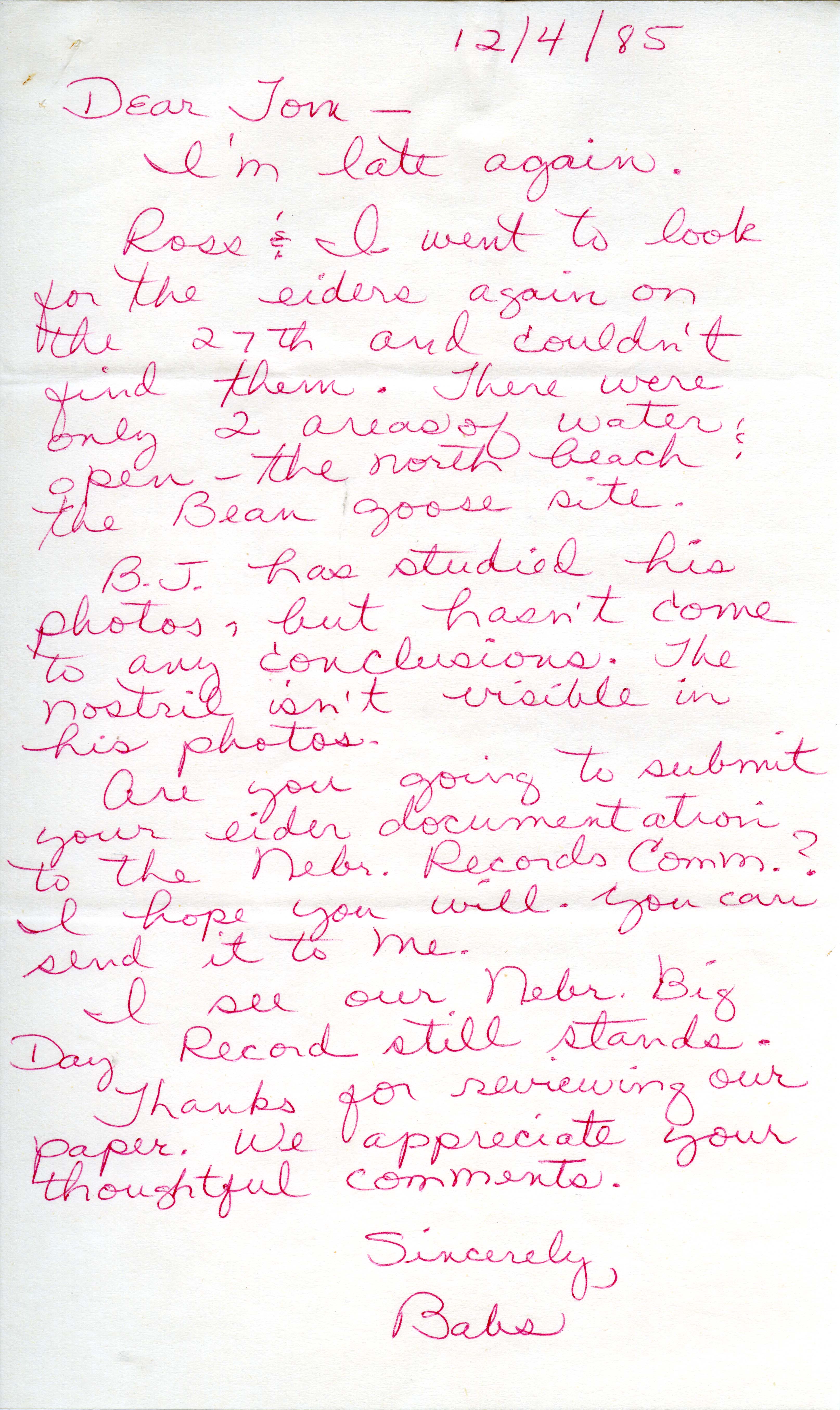 Babs Padelford letter to Thomas Kent regarding Eider sighting, December 4, 1985