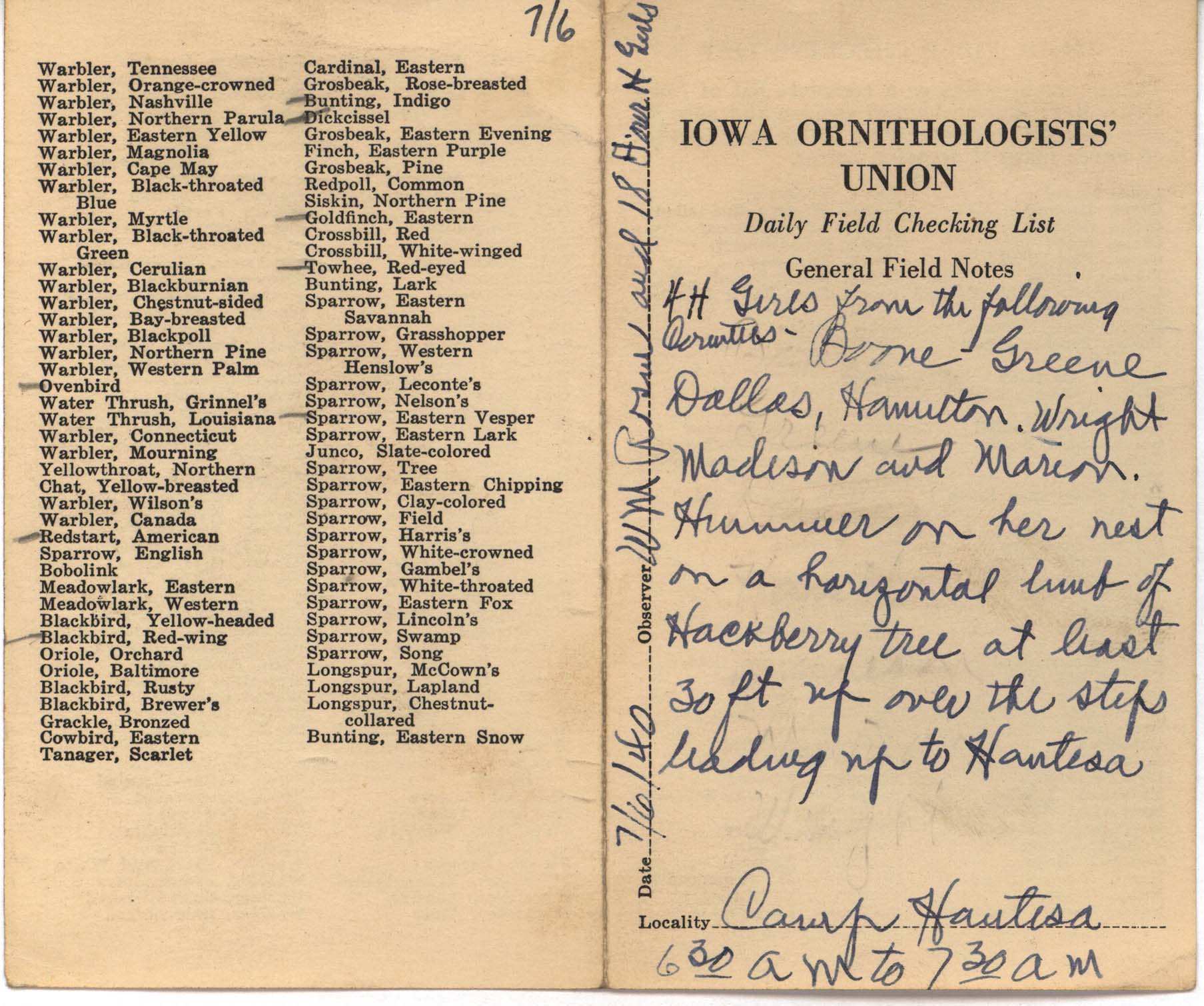 Daily field checking list by Walter Rosene, July 6, 1940