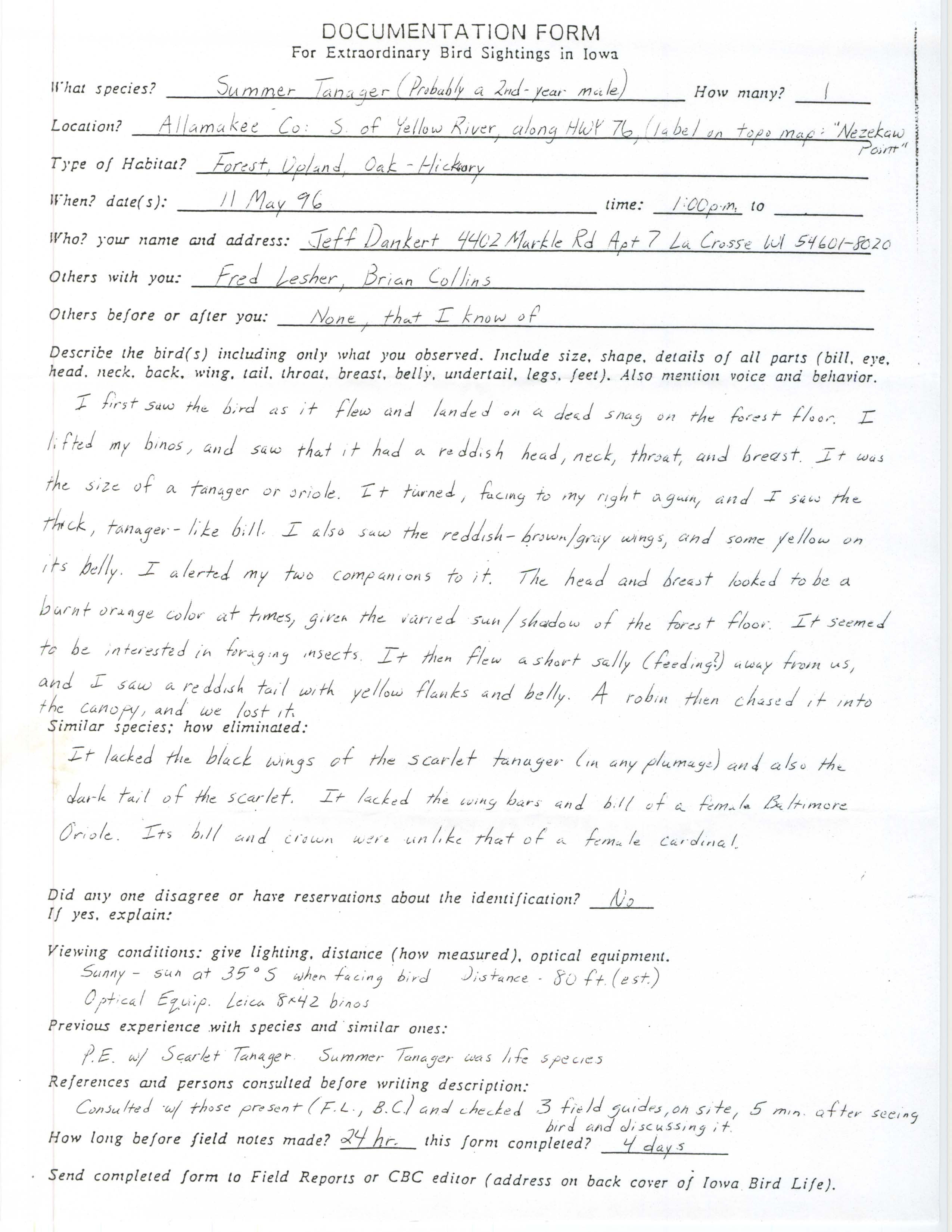 Rare bird documentation form for Summer Tanager at Nezekaw Point, 1996