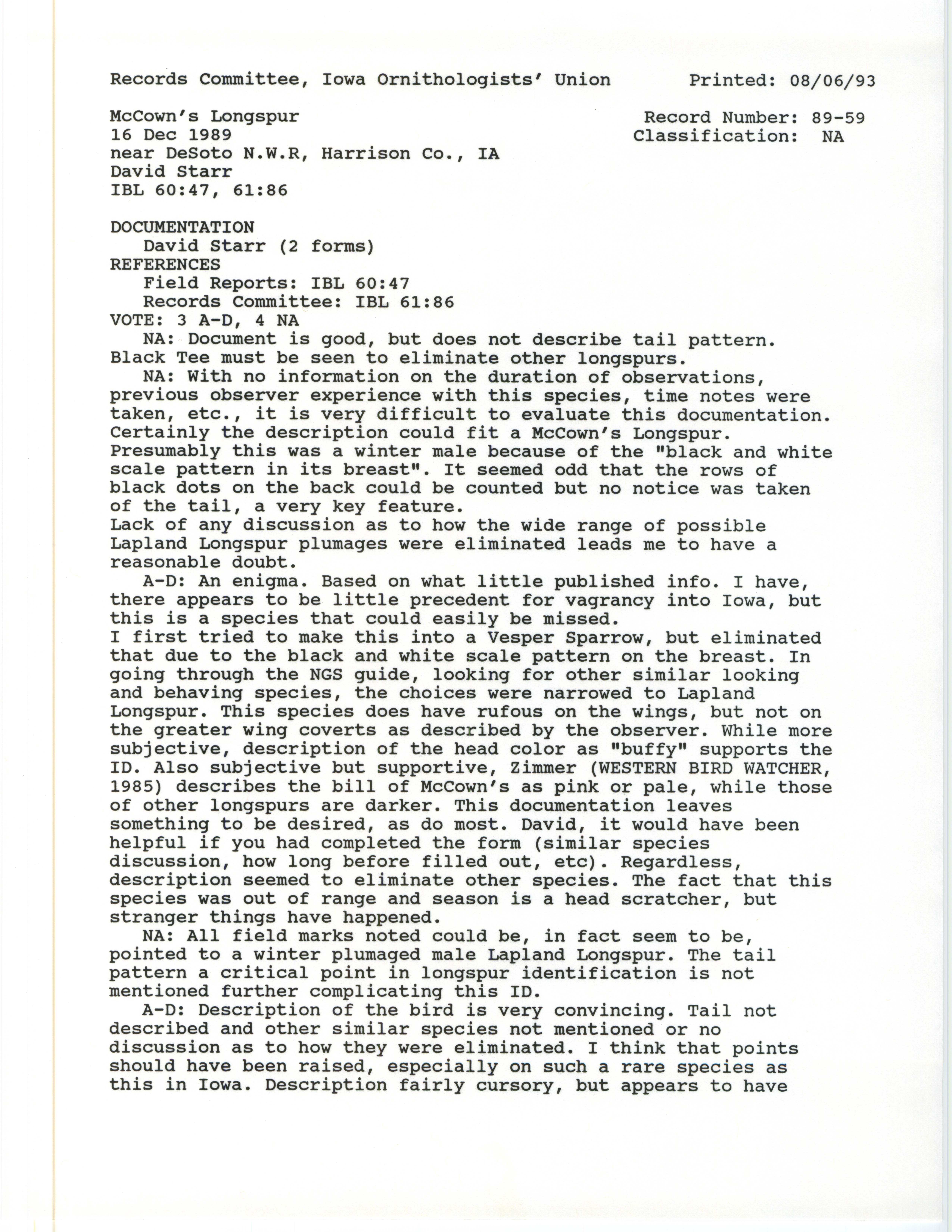 Records Committee review for rare bird sighting for McCown's Longspur near De Soto National Wildlife Reserve, 1989