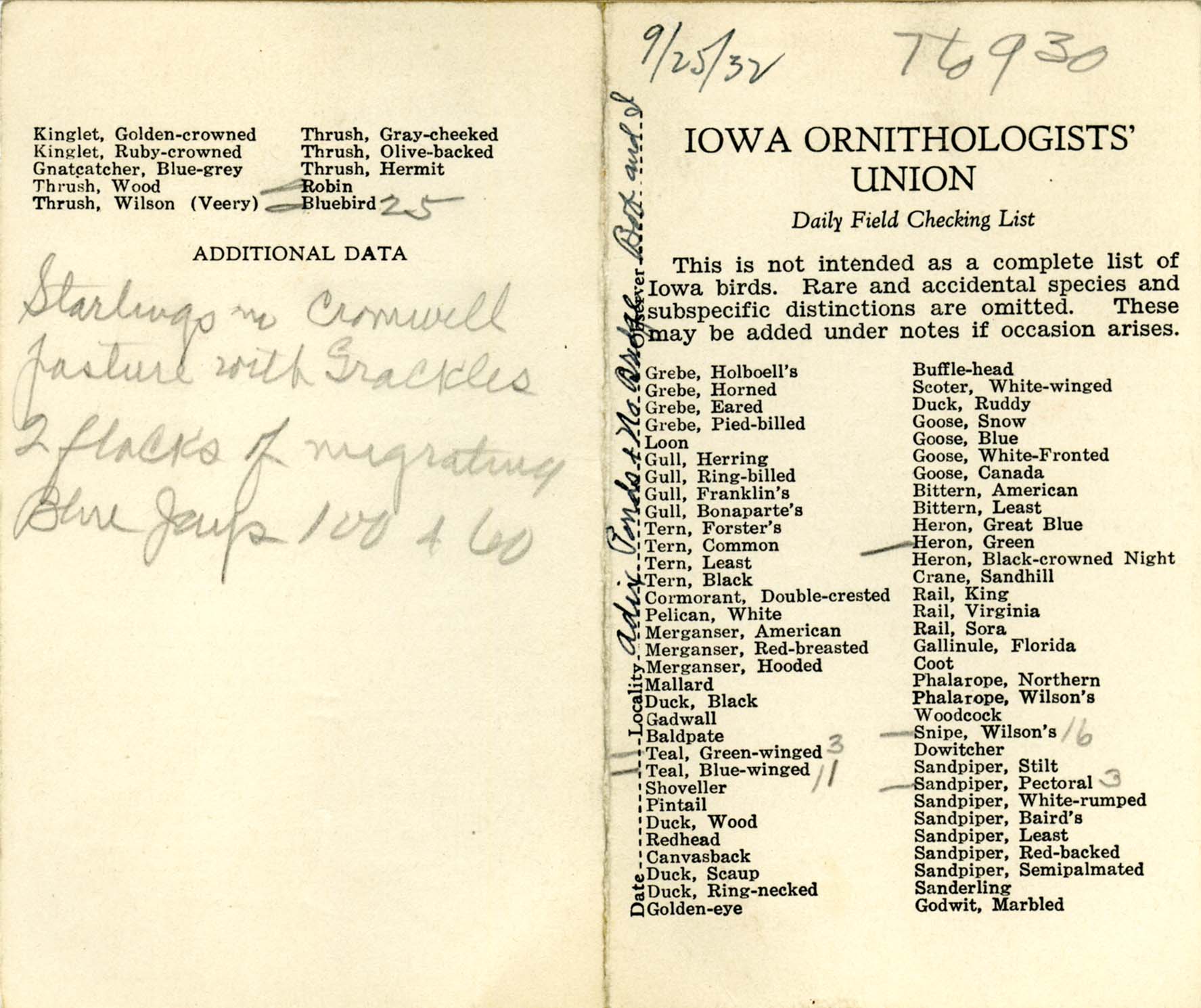 Daily field checking list, Walter Rosene, September 25, 1932