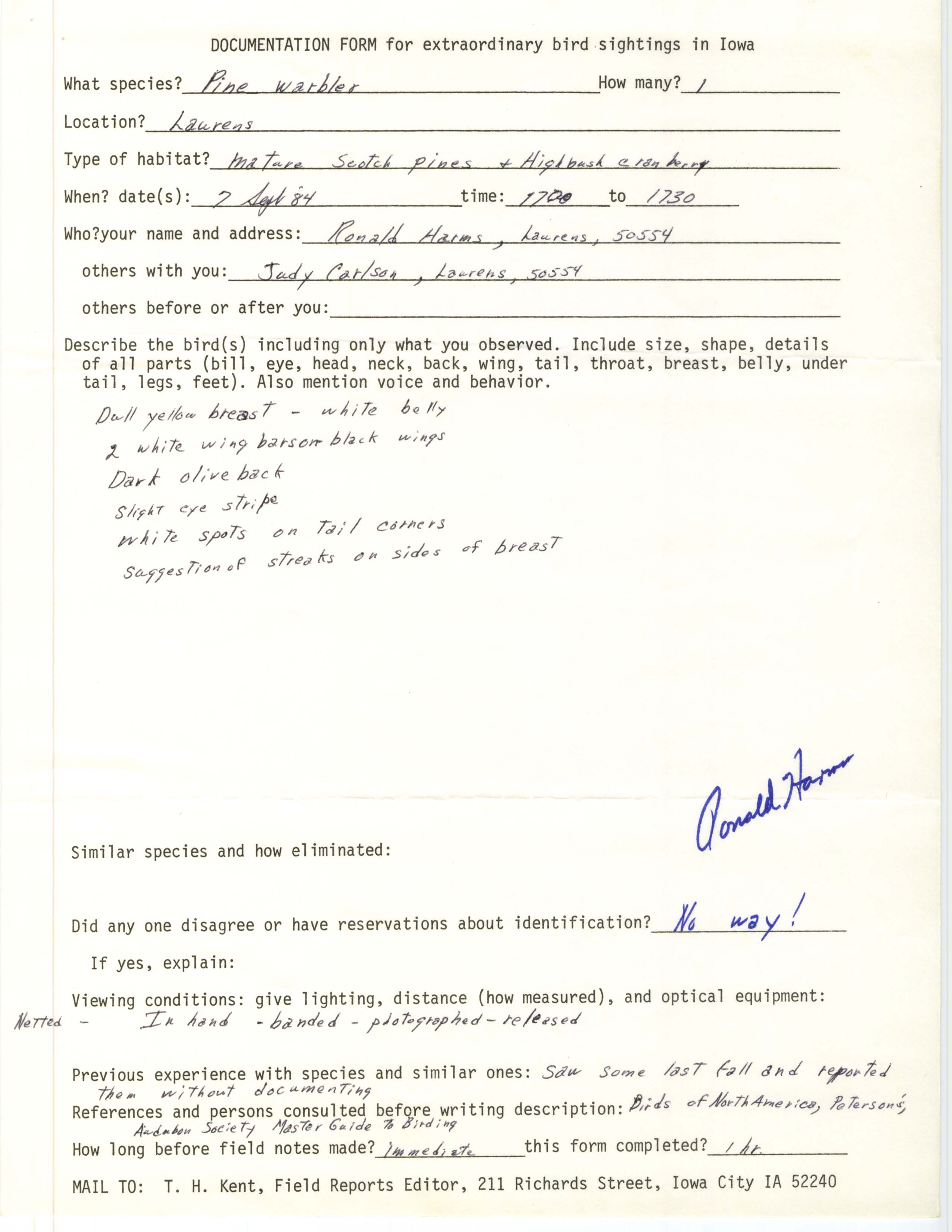 Rare bird documentation form for Pine Warbler at Laurens, 1984
