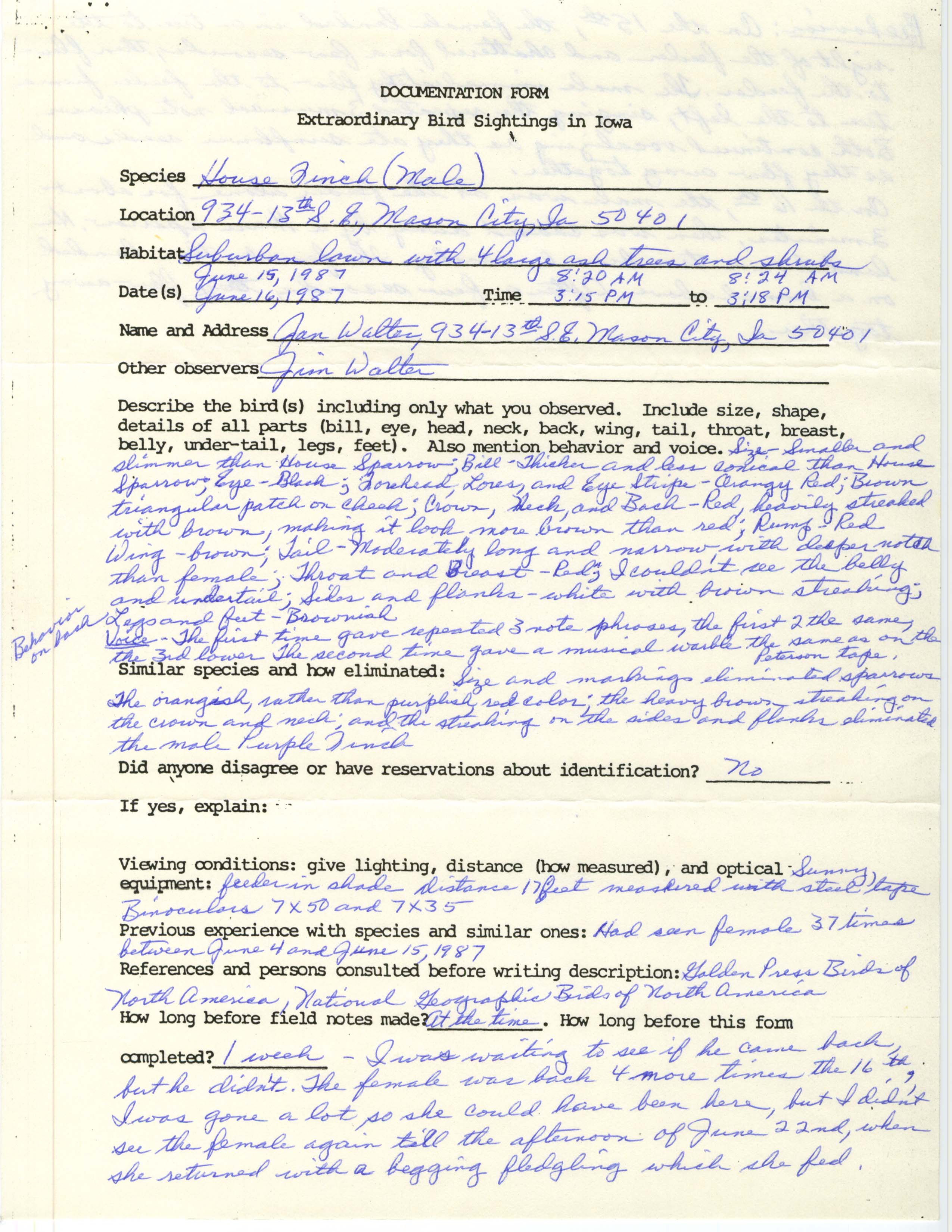 Rare bird documentation form for House Finch at Mason City in 1987