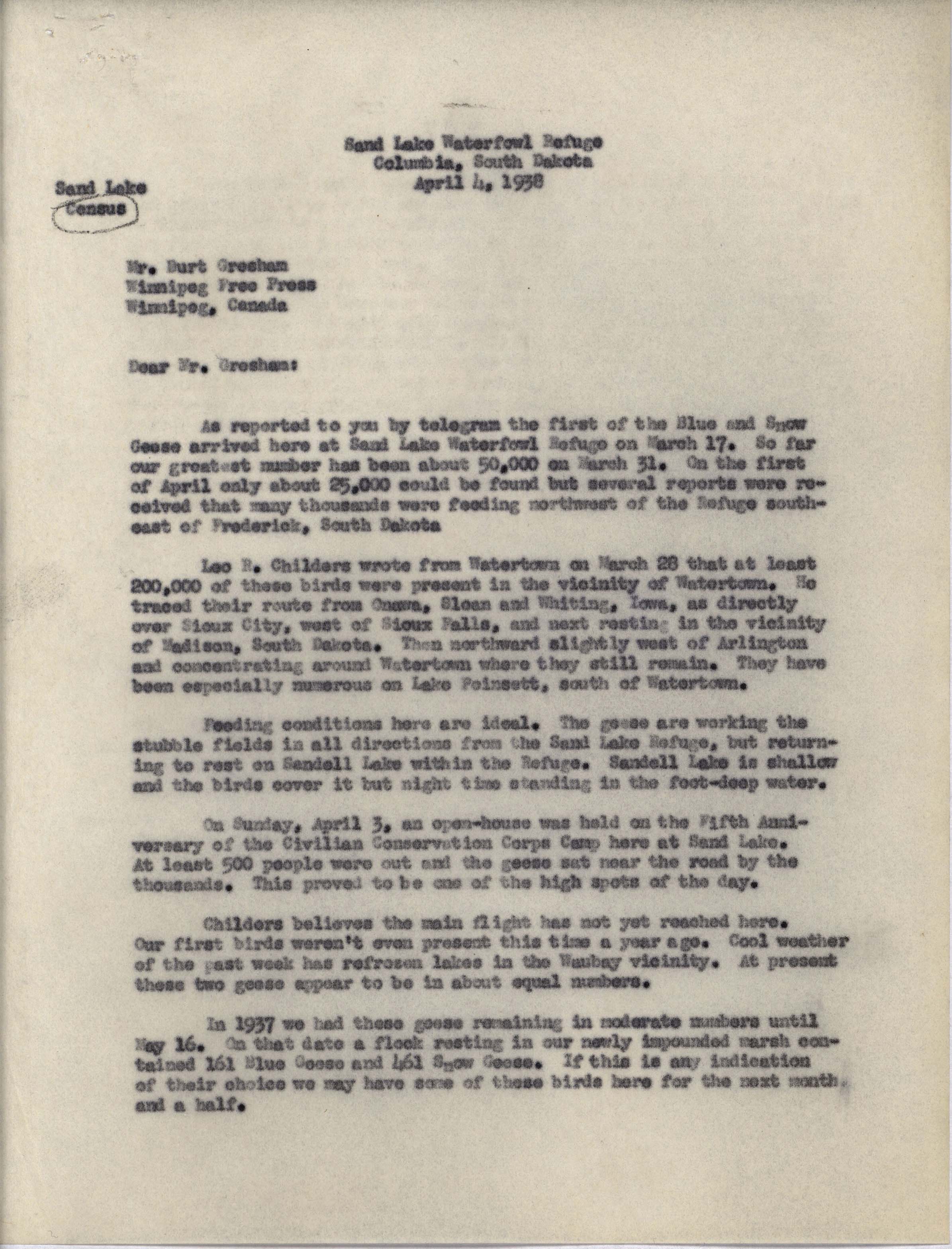 Philip DuMont letter to Burt Gresham regarding Goose migration, April 4, 1938