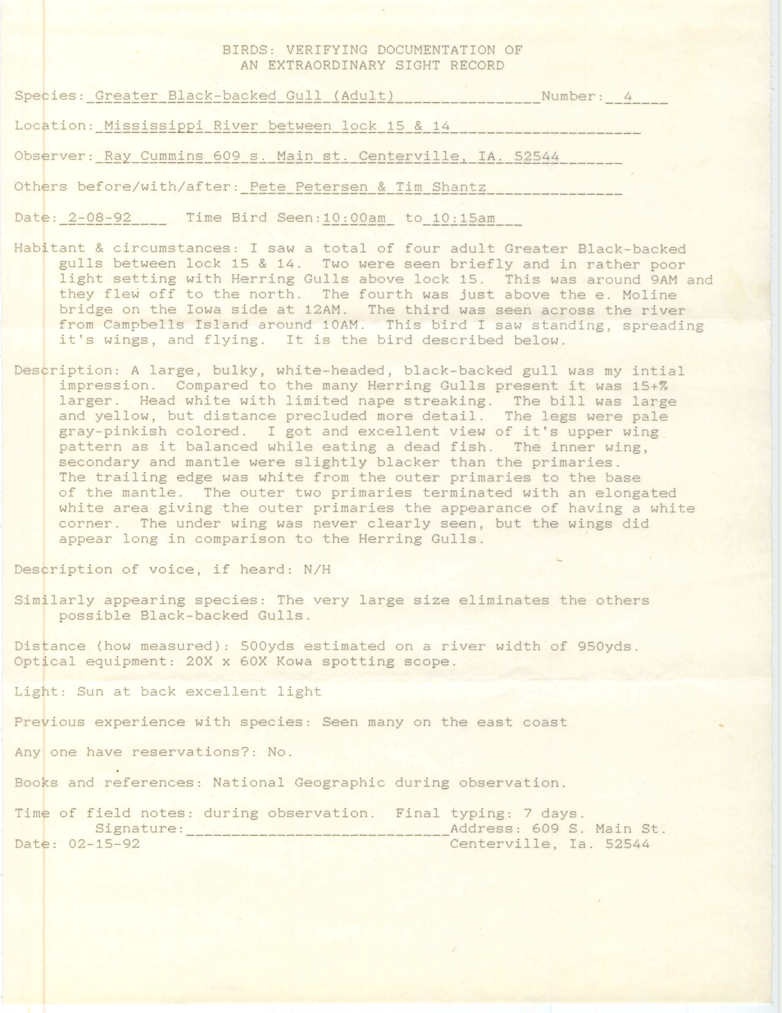 Rare bird documentation form for Greater Black-backed Gull between Lock and Dam 15 and Lock and Dam 14, 1992