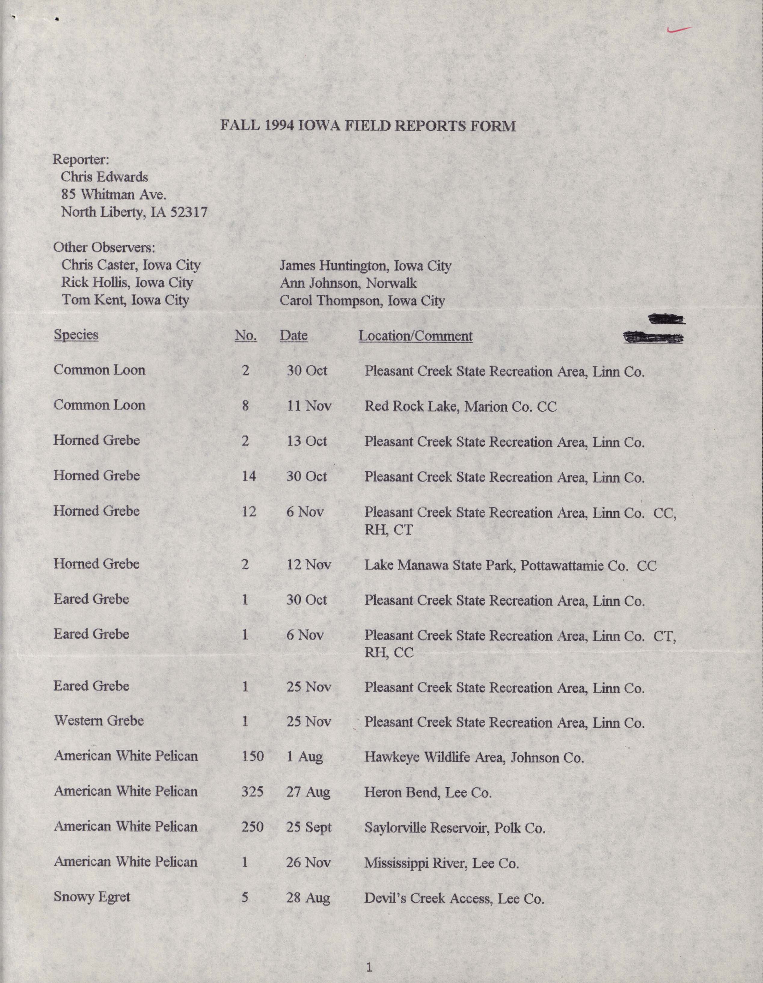 Fall 1994 Iowa file reports form, Chris Edwards
