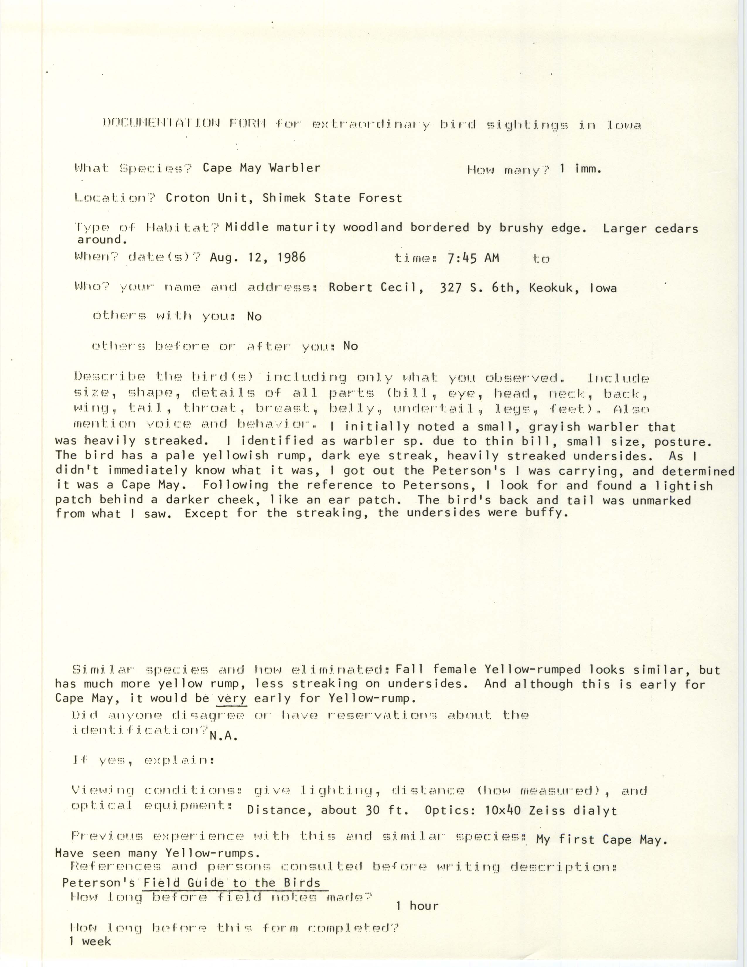 Rare bird documentation form for Cape May Warbler at the Croton Unit in the Shimek State Forest, 1986