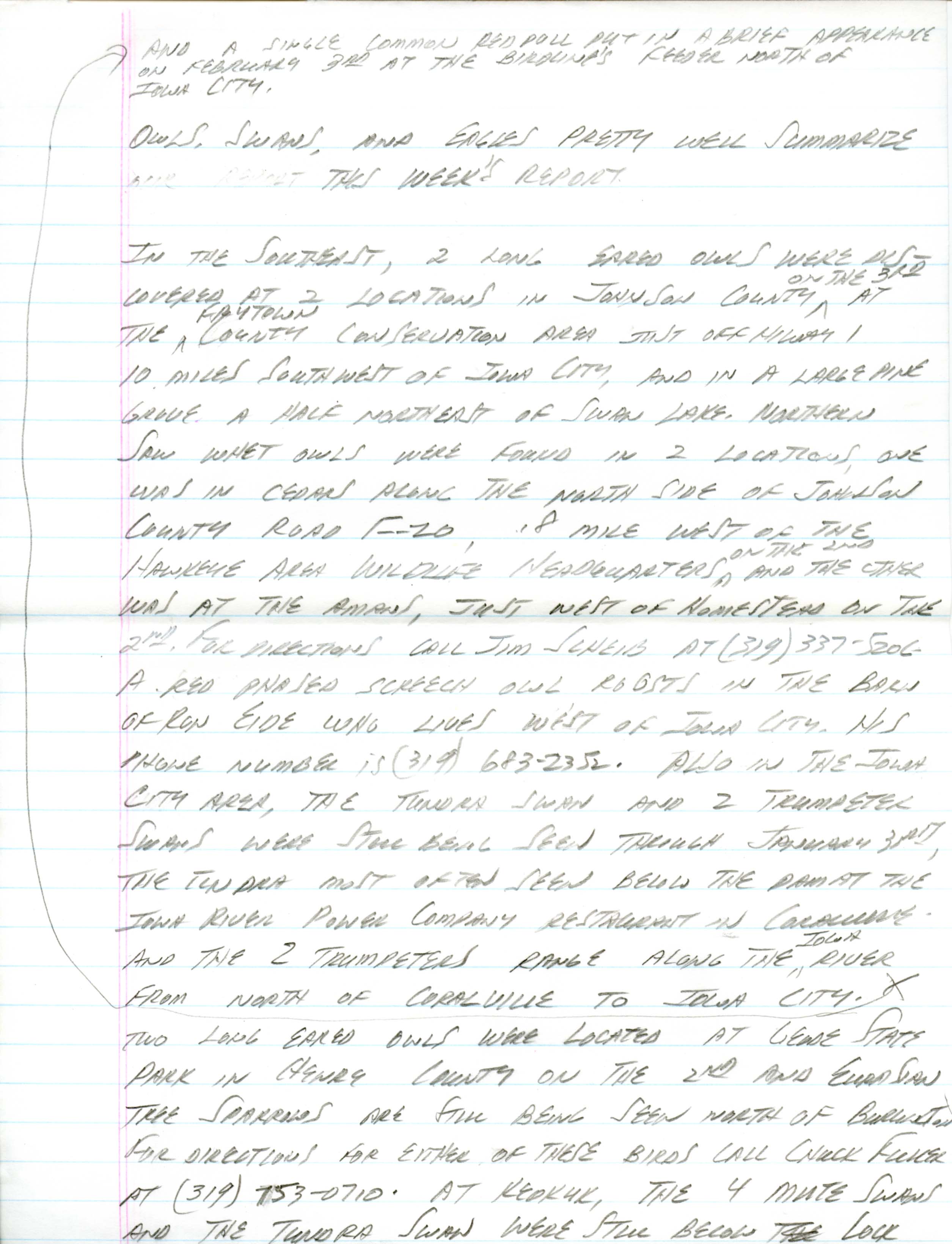 Iowa Birdline update, February 4, 1991 notes
