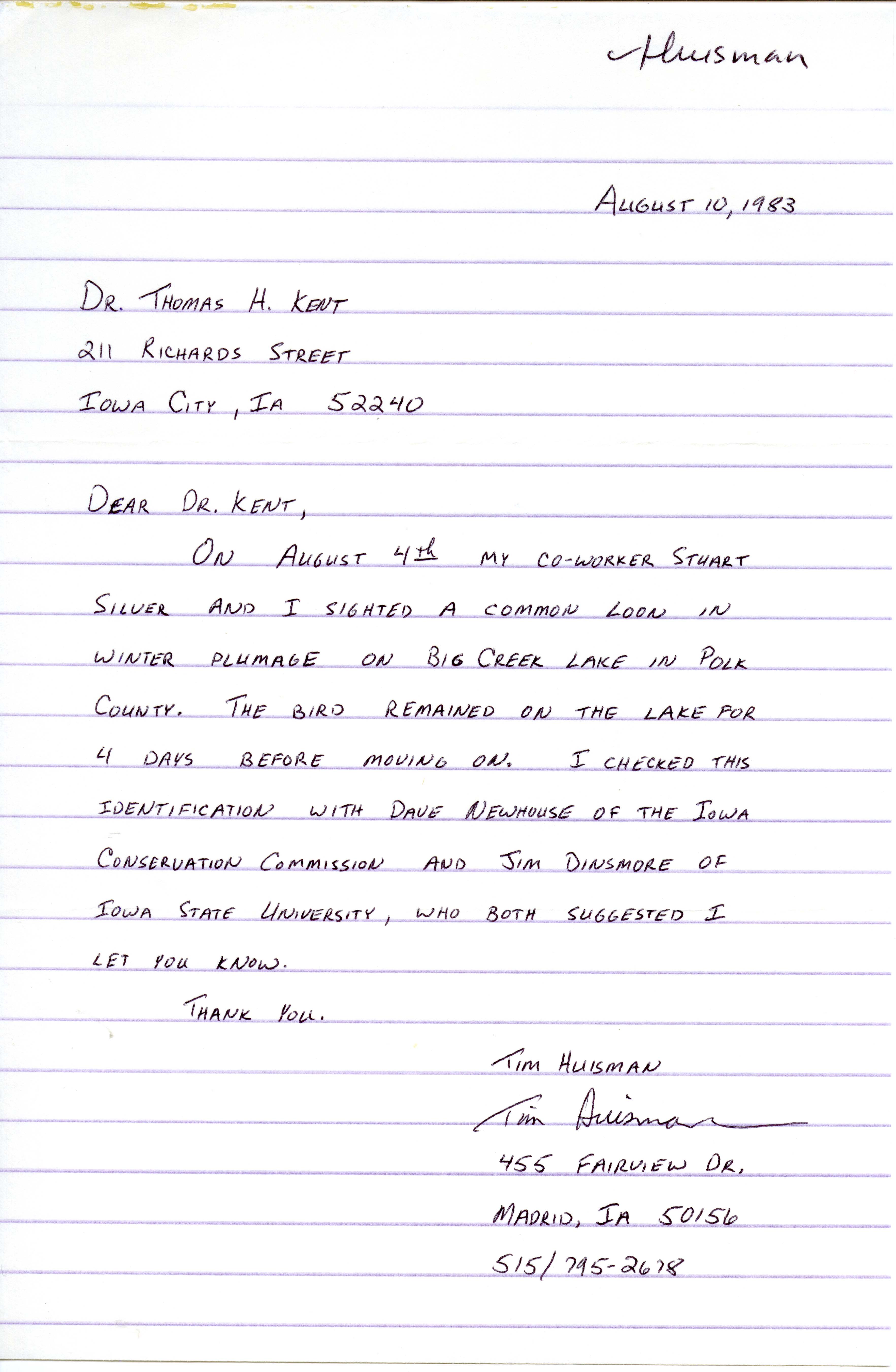 Tim Huisman letter to Thomas Kent regarding Common Loon sighting, August 10, 1983