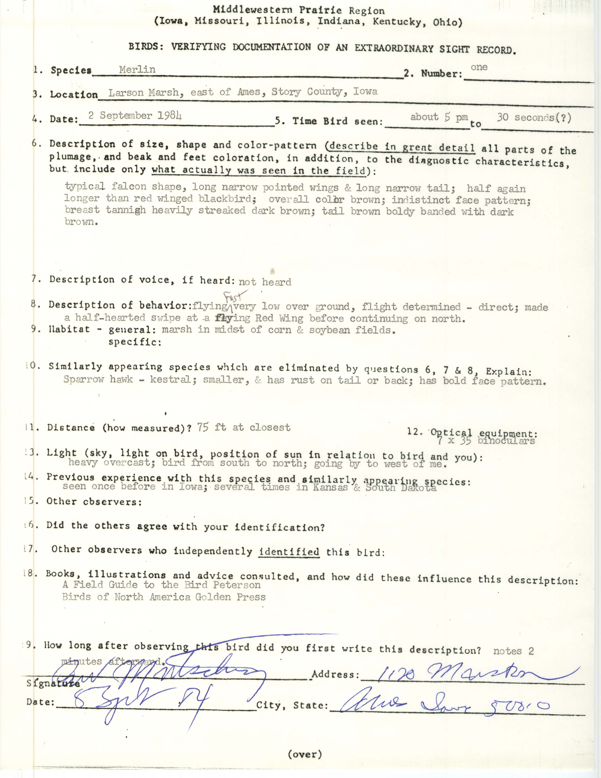 Rare bird documentation form for Merlin at Larson Marsh, 1984
