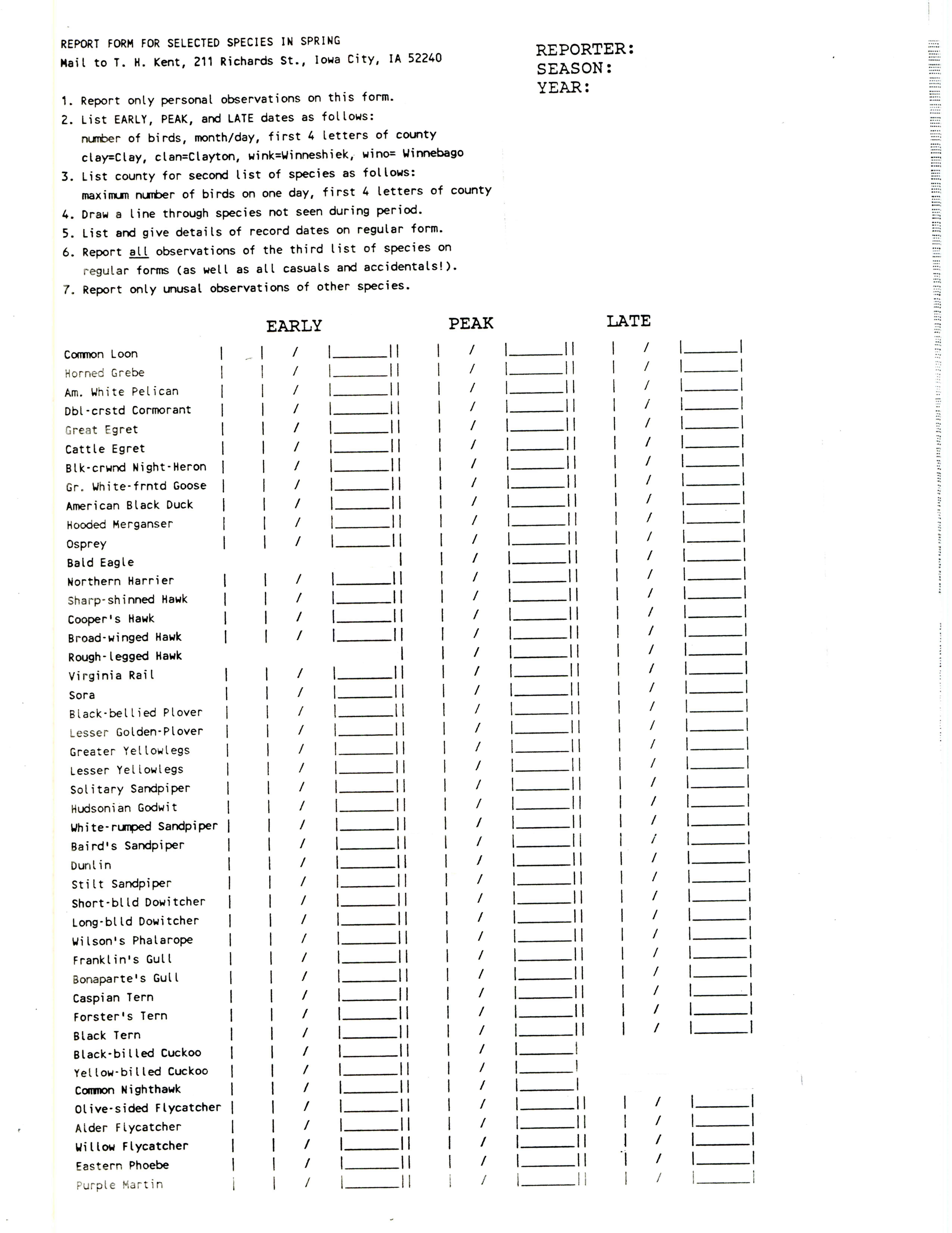 Report form for selected species in spring