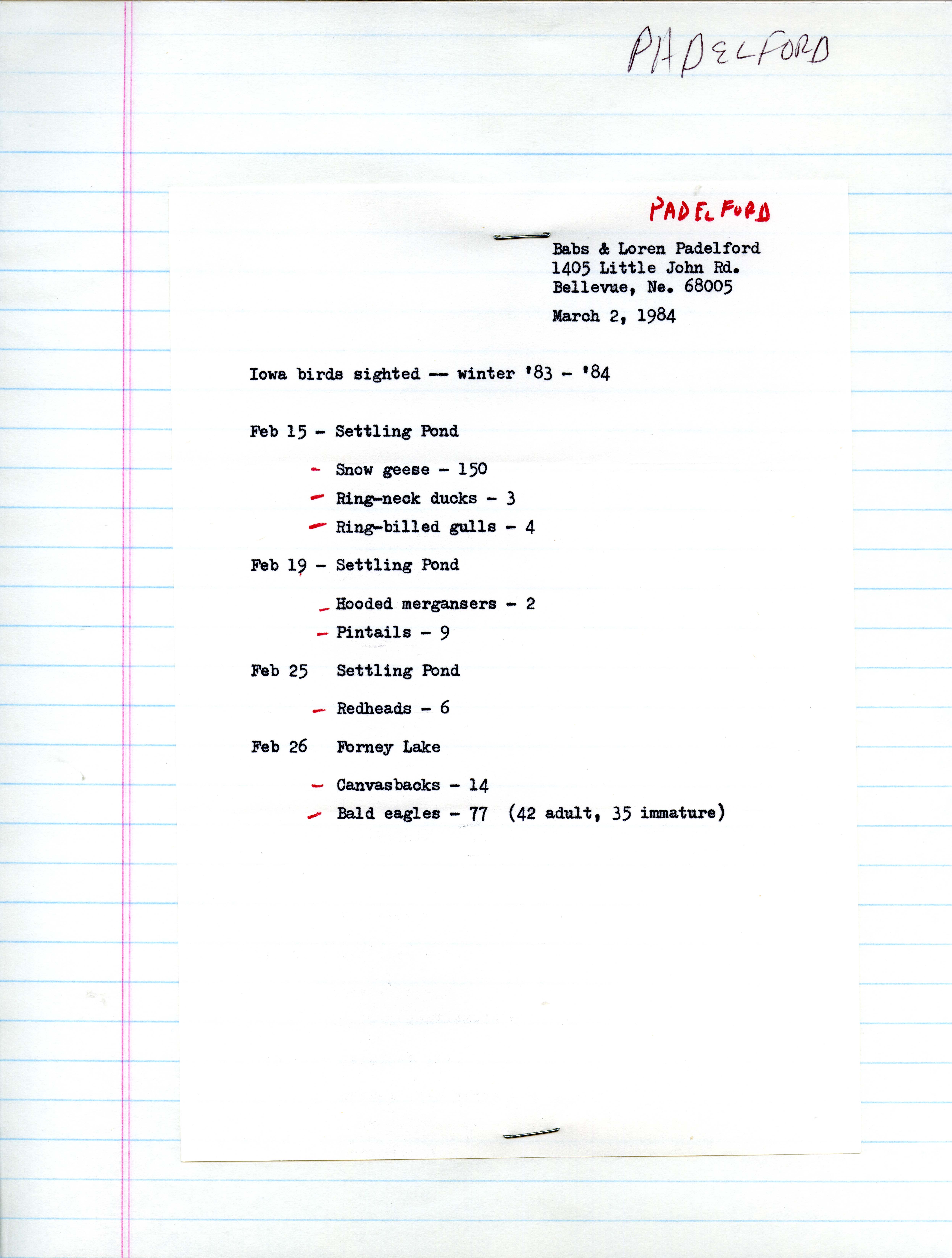 Field notes contributed by Babs and Loren Padelford on Iowa birds sighted, March 2, 1984