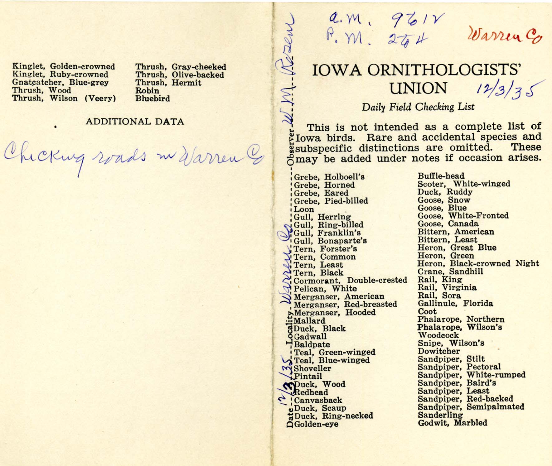 Daily field checking list, Walter Rosene, December 3, 1935