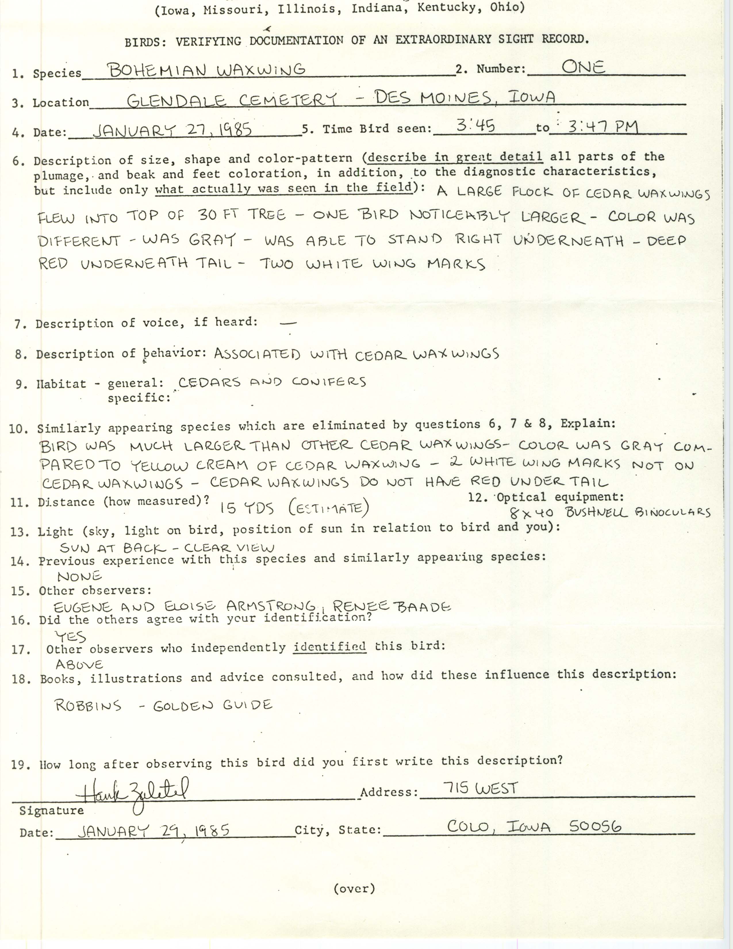 Rare bird documentation form for Bohemian Waxwing at Glendale Cemetery in Des Moines, 1985