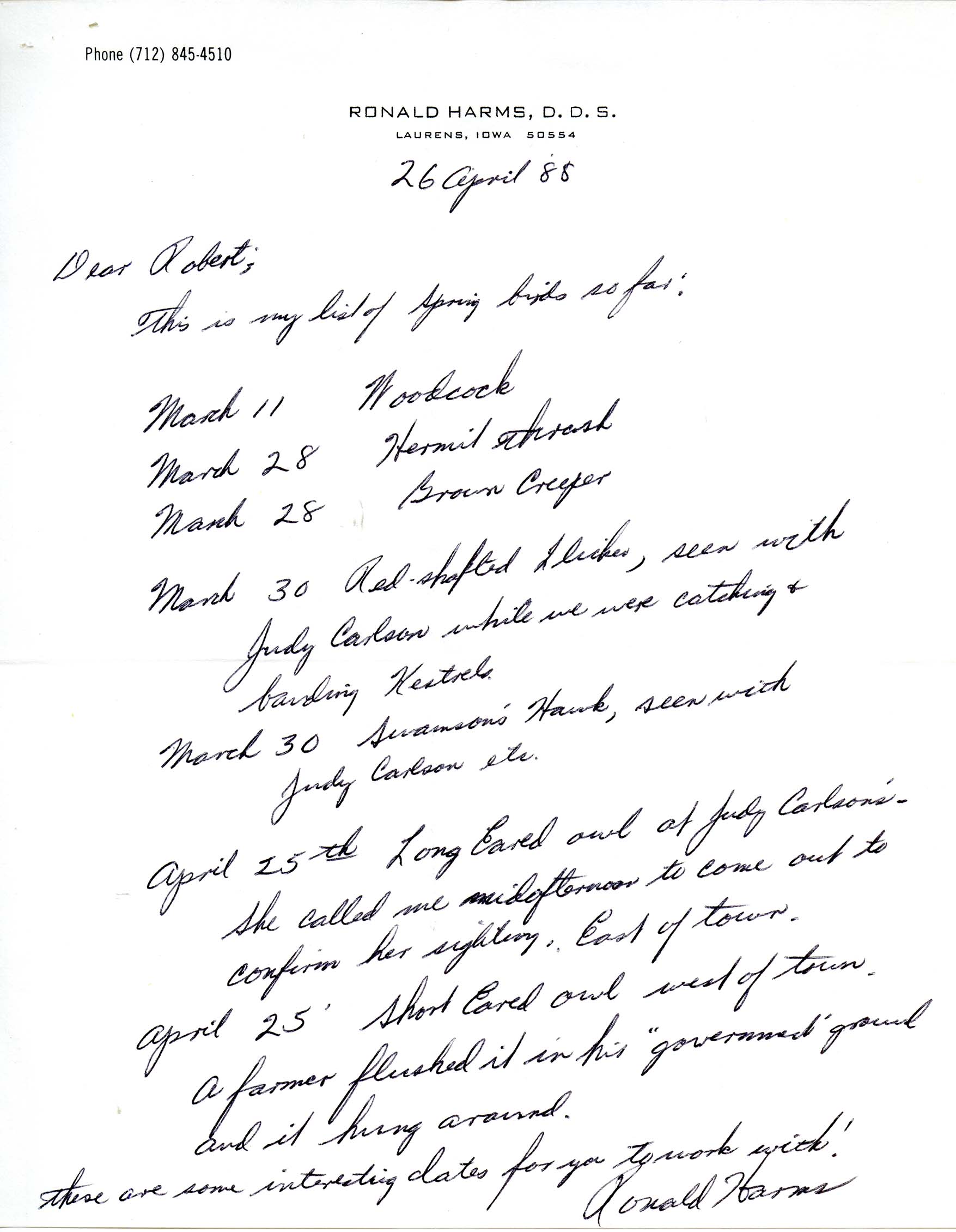 Ronald Harms letter to Robert K. Myers regarding bird sightings, April 26, 1988
