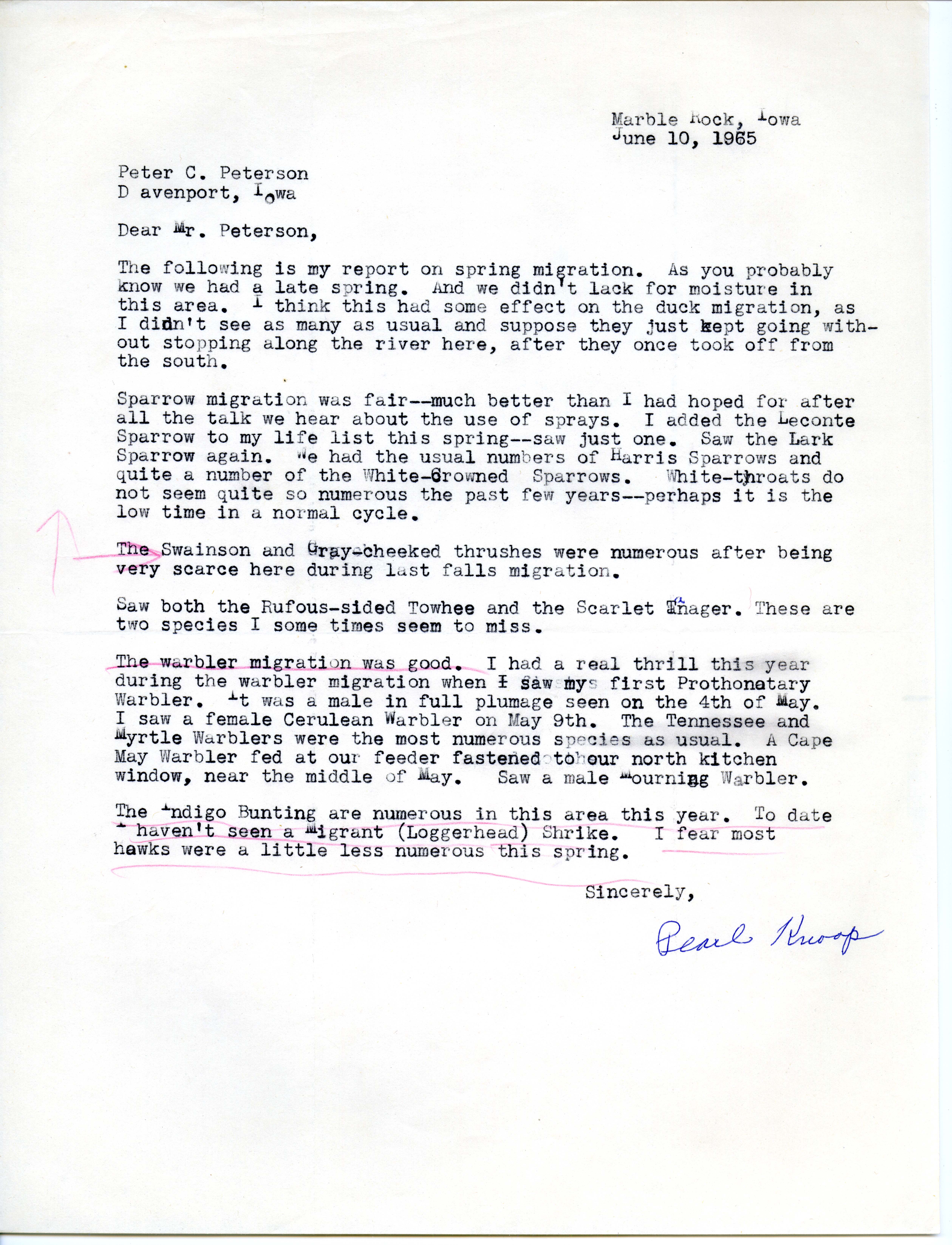 Pearl Knoop letter to Peter C. Petersen regarding Marble Rock, Iowa spring migration, June 10, 1965