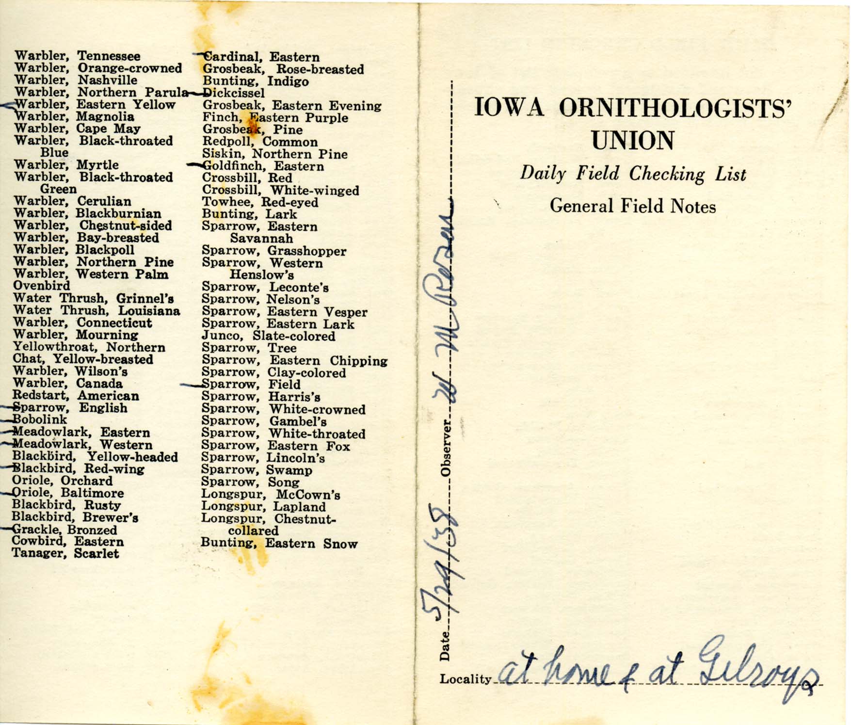 Daily field checking list by Walter Rosene, May 29, 1938