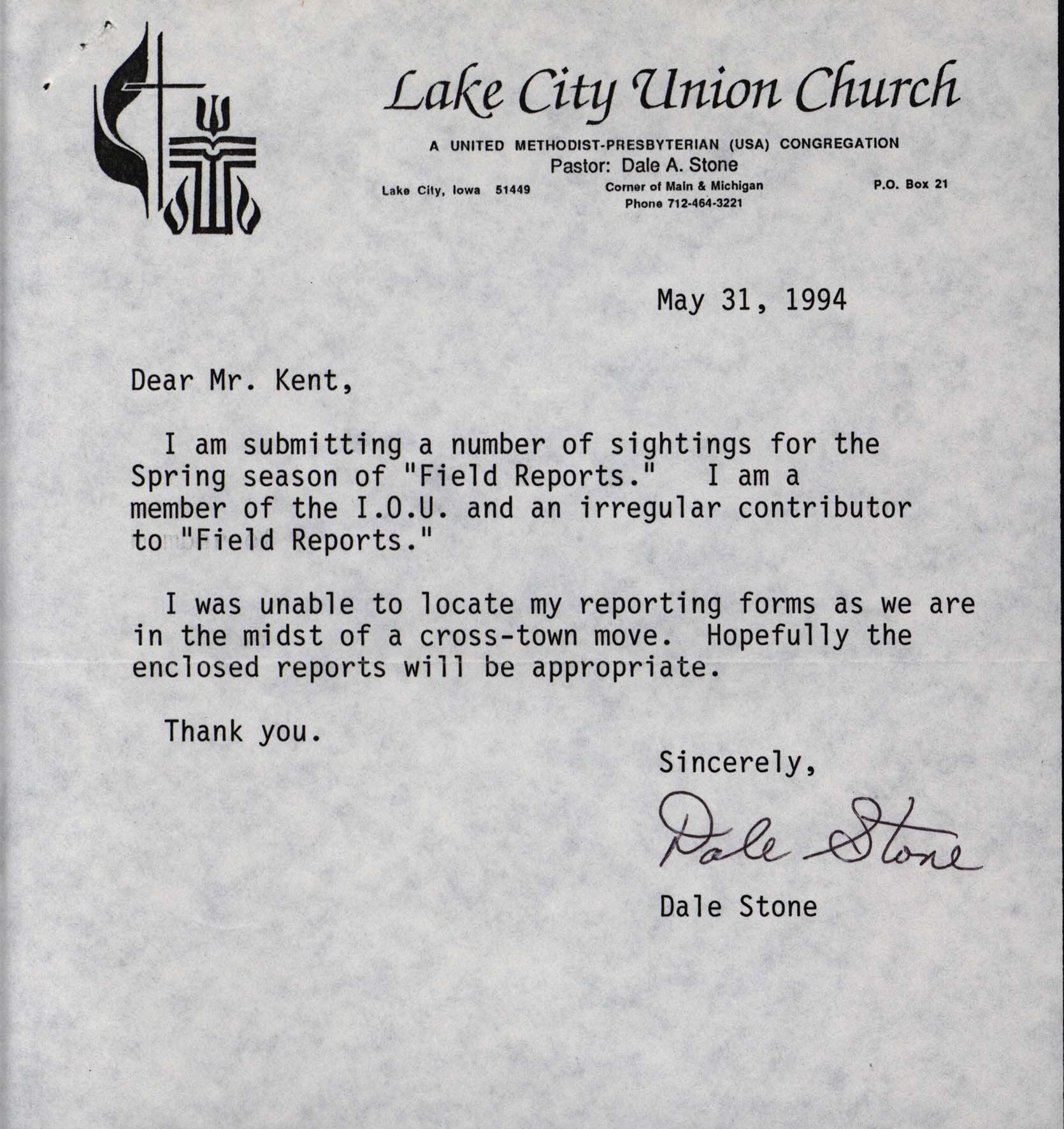 Dale Stone letter to Thomas Kent regarding Spring field reports, May 31, 1994