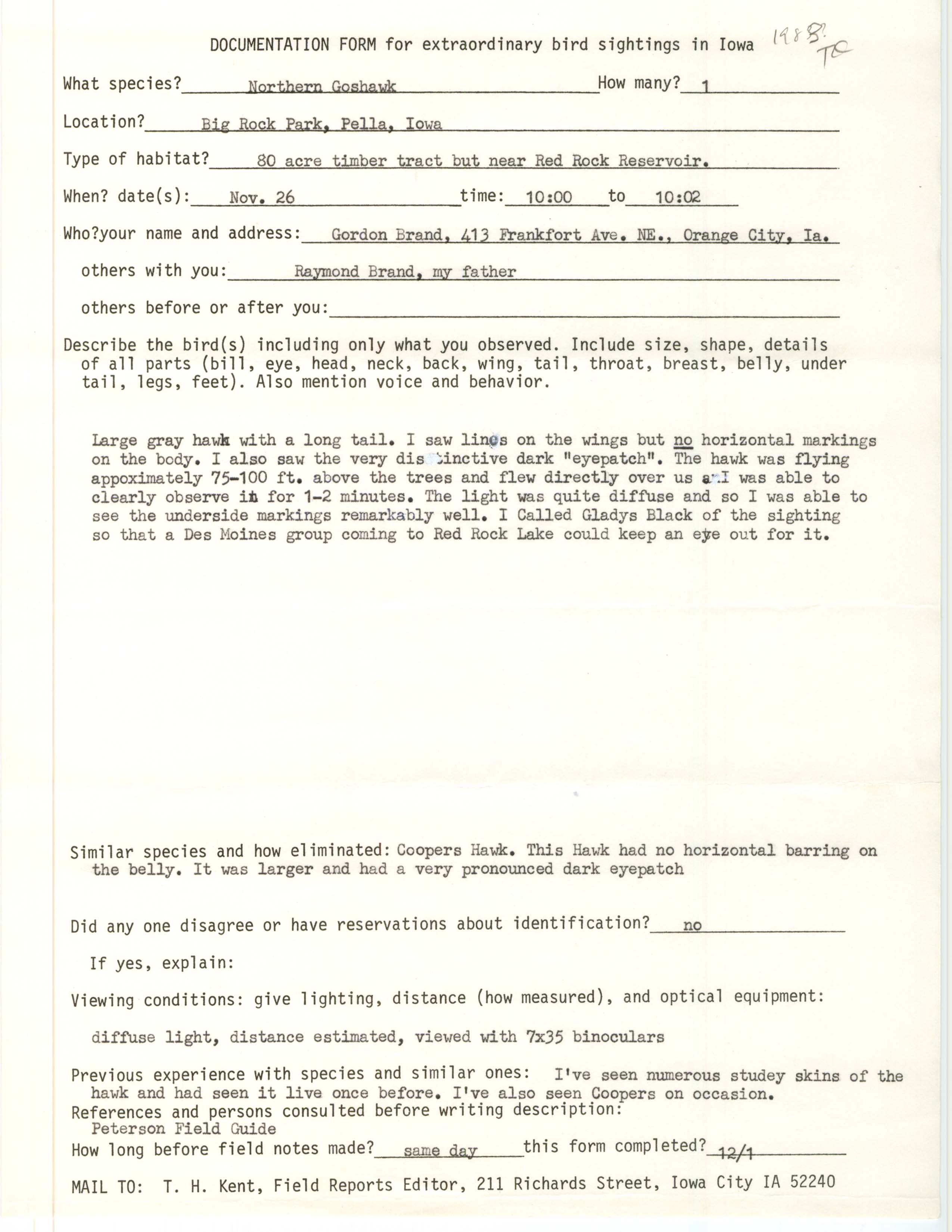 Rare bird documentation form for Northern Goshawk at Big Rock Park in Pella, 1983