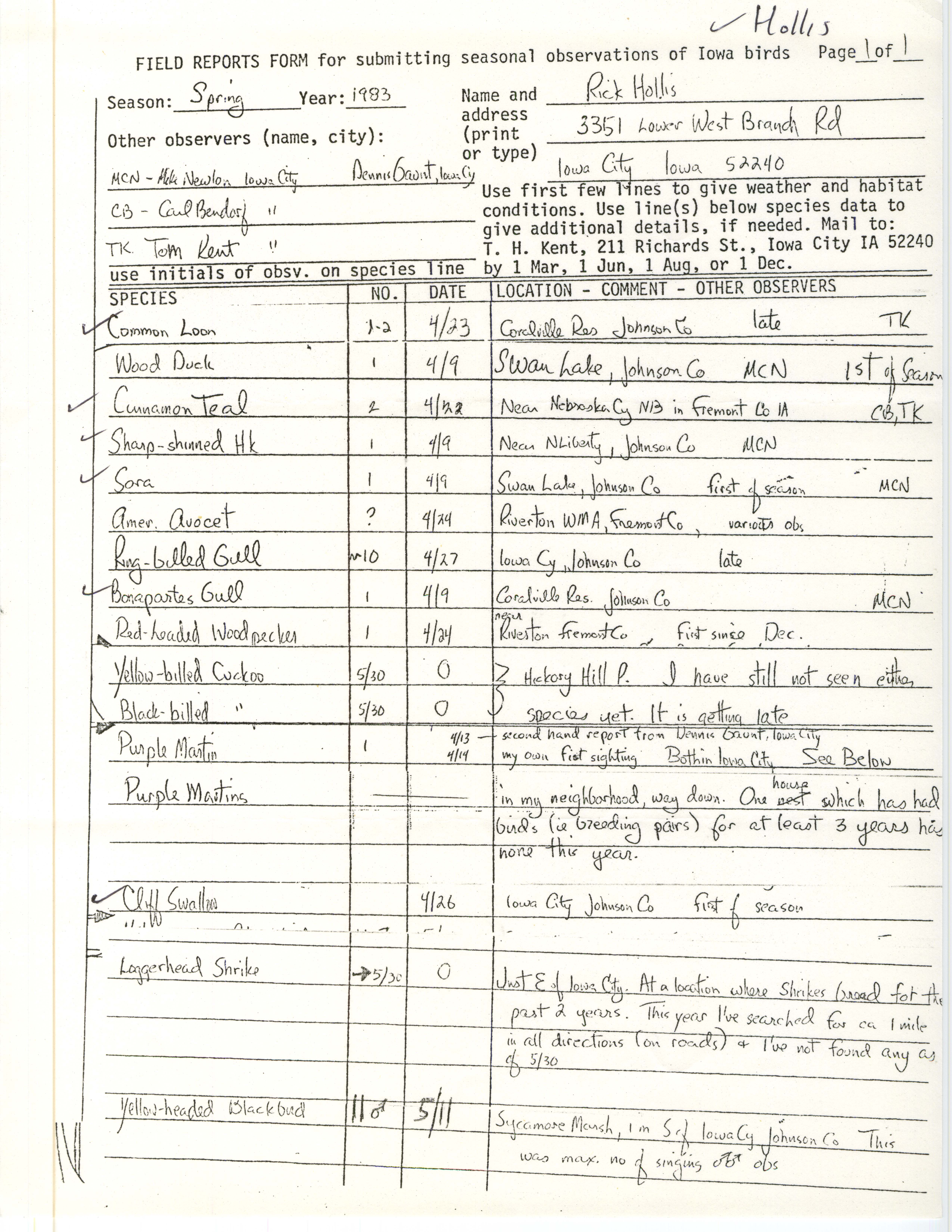 Field reports form for submitting seasonal observations of Iowa birds, Richard Jule Hollis, spring 1983