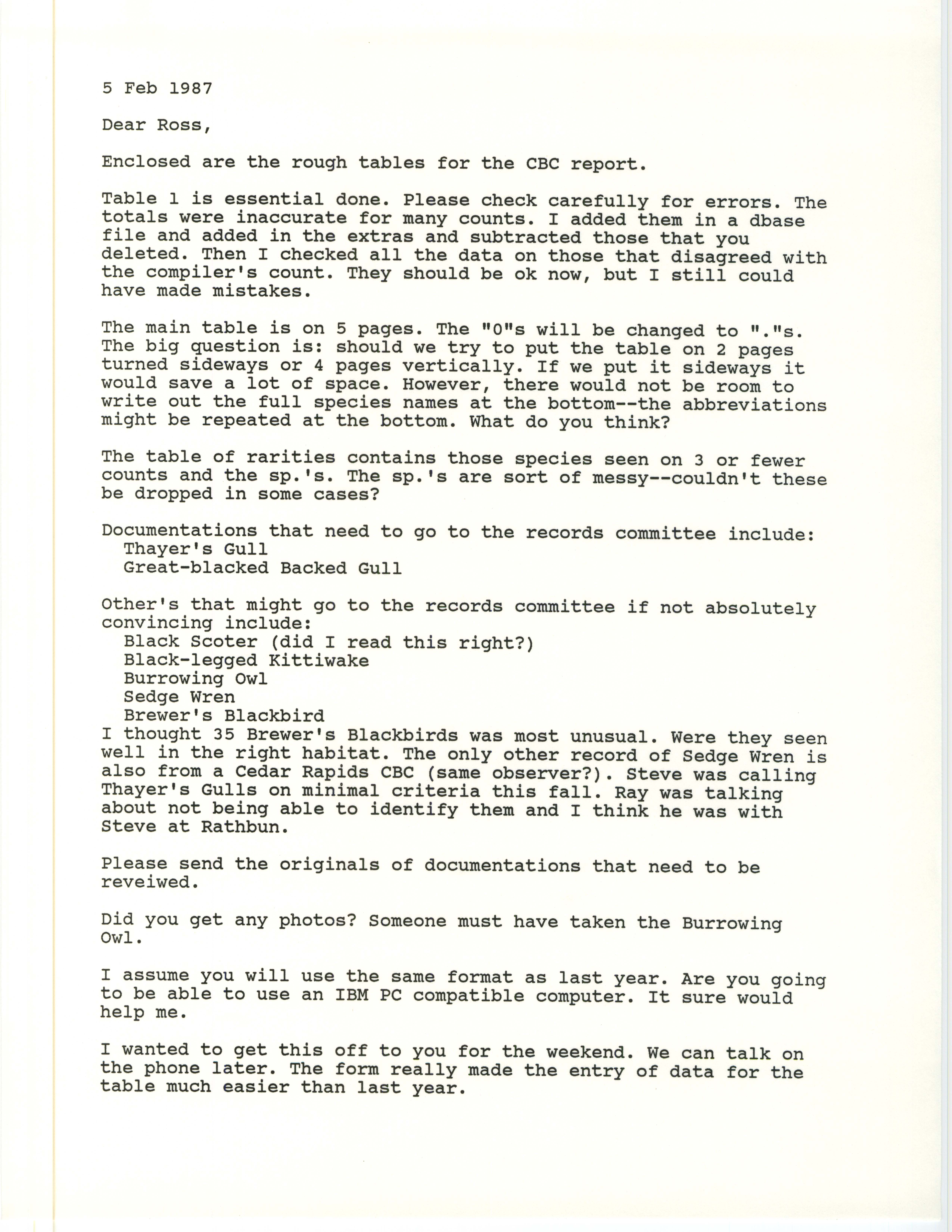 Letter to W. Ross Silcock regarding data tables for the Christmas bird count report, February 5, 1987