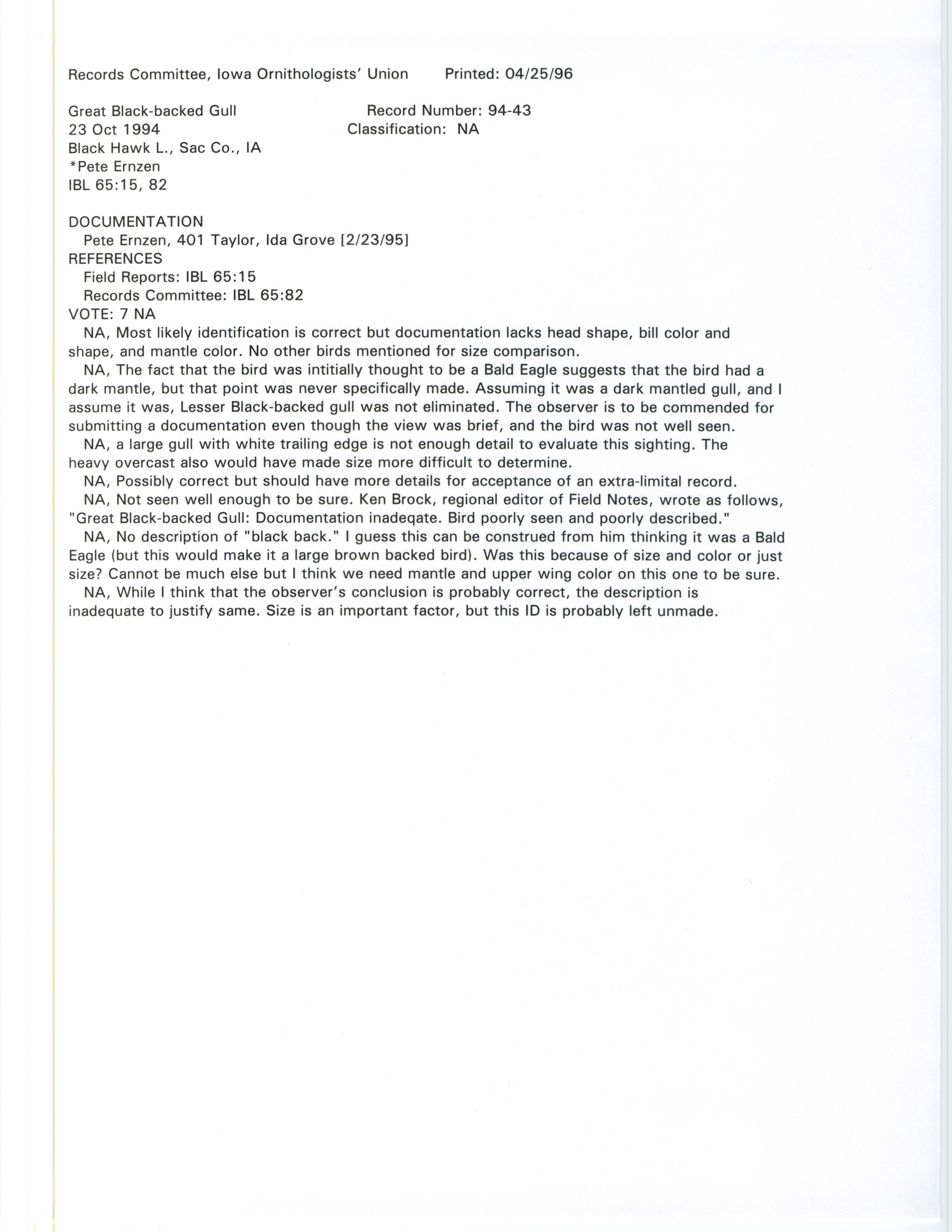 Records Committee review for rare bird sighting of Great Black-backed Gull at Black Hawk Lake, 1994