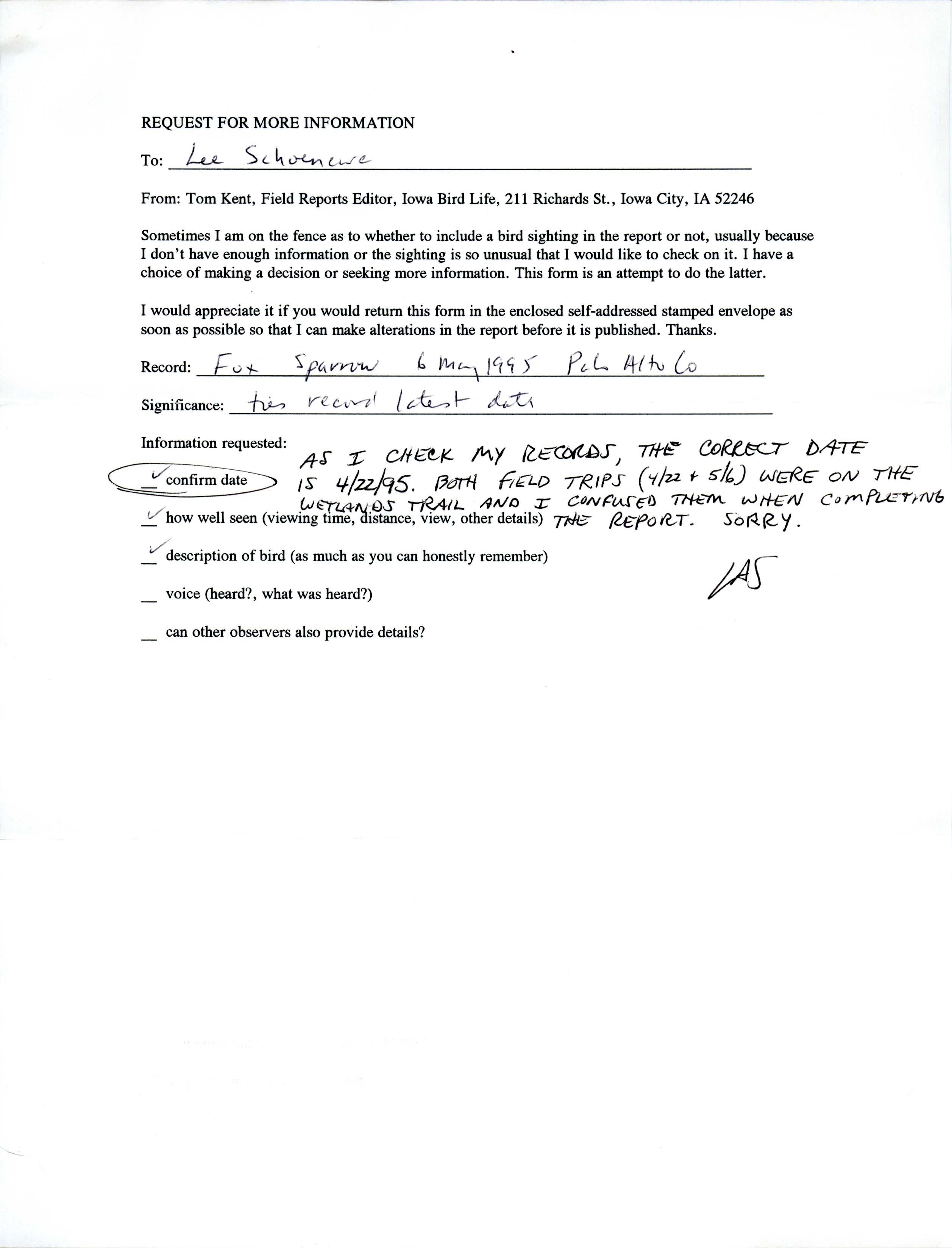 Thomas Kent letter to Lee Schoenewe regarding request for more information for a Fox Sparrow sighting, spring 1995