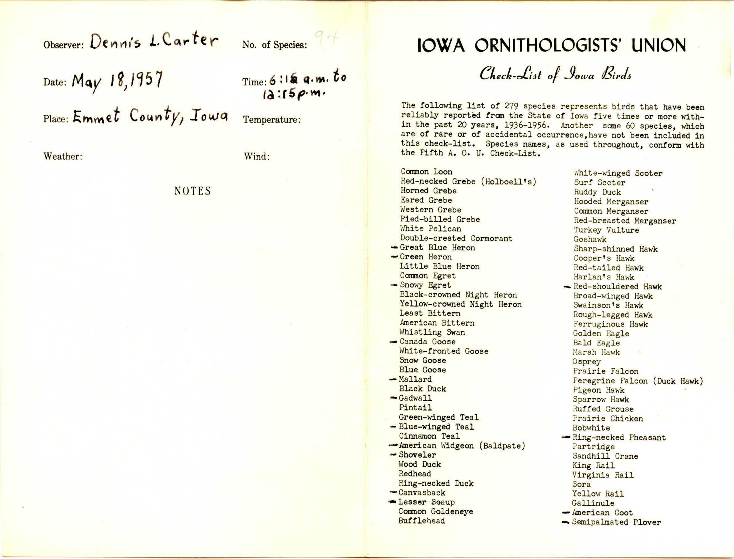 Check-list of Iowa Birds compiled by Dennis L. Carter, May 18, 1957