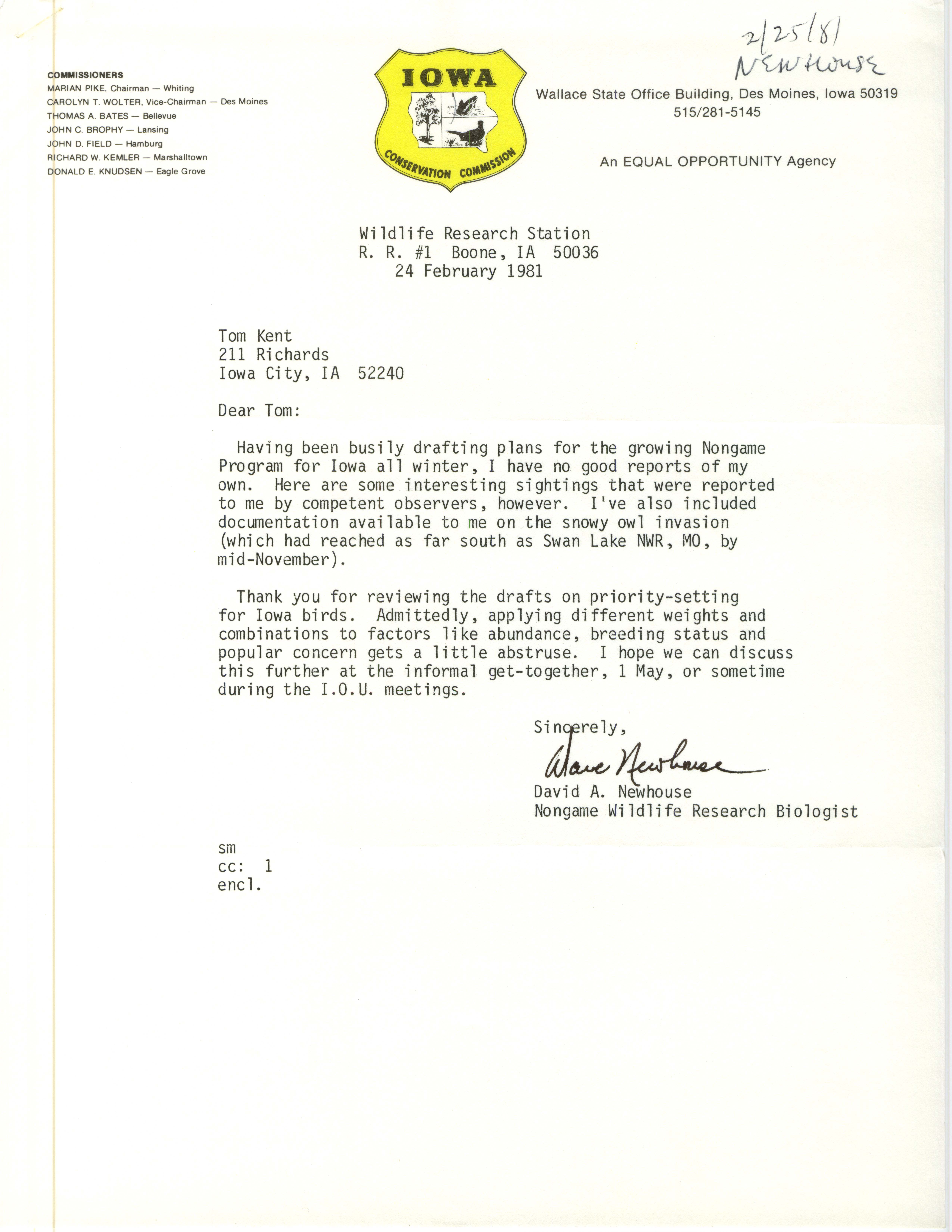 David A. Newhouse letter to Thomas Kent regarding winter bird sightings, February 24, 1981