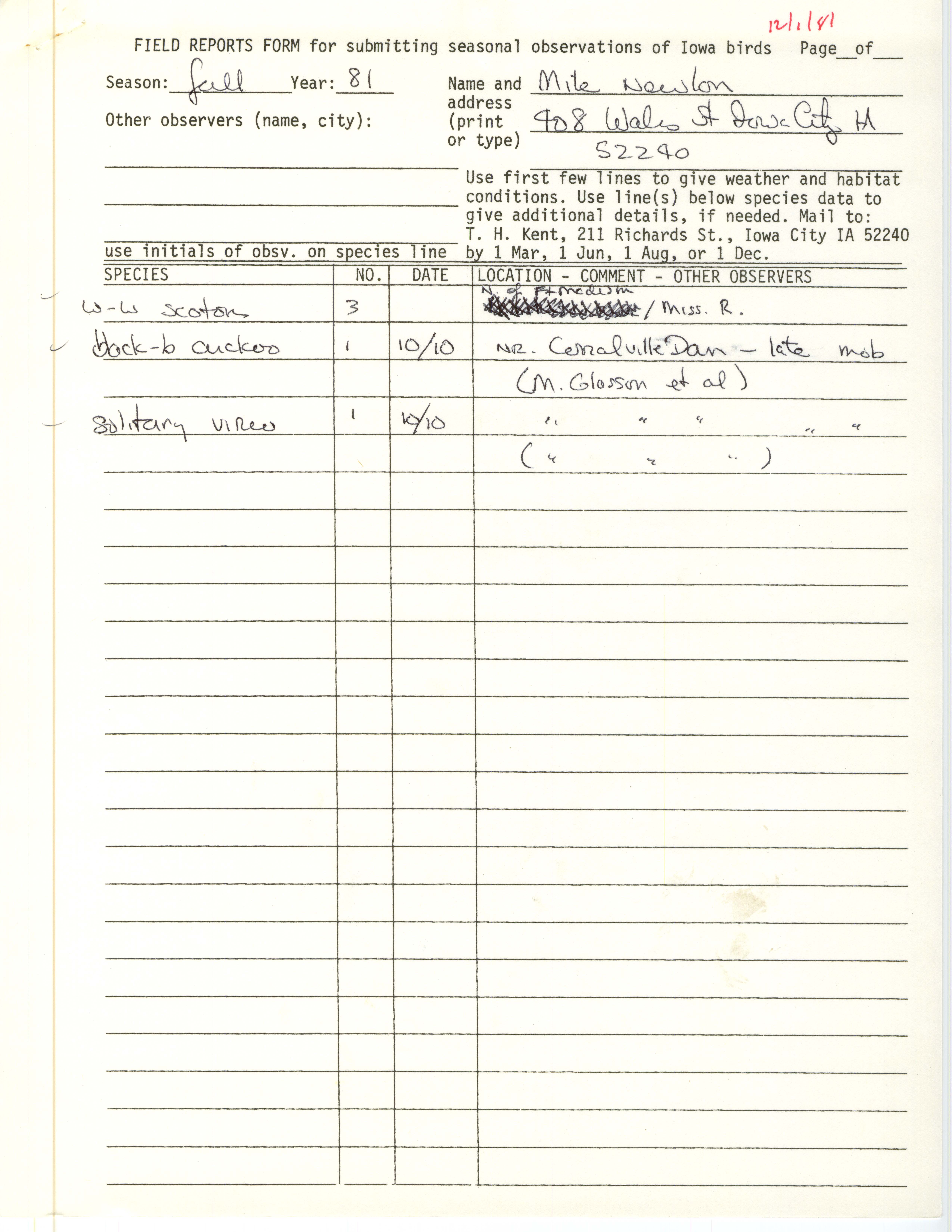 Field notes contributed by Michael C. Newlon, December 1, 1981