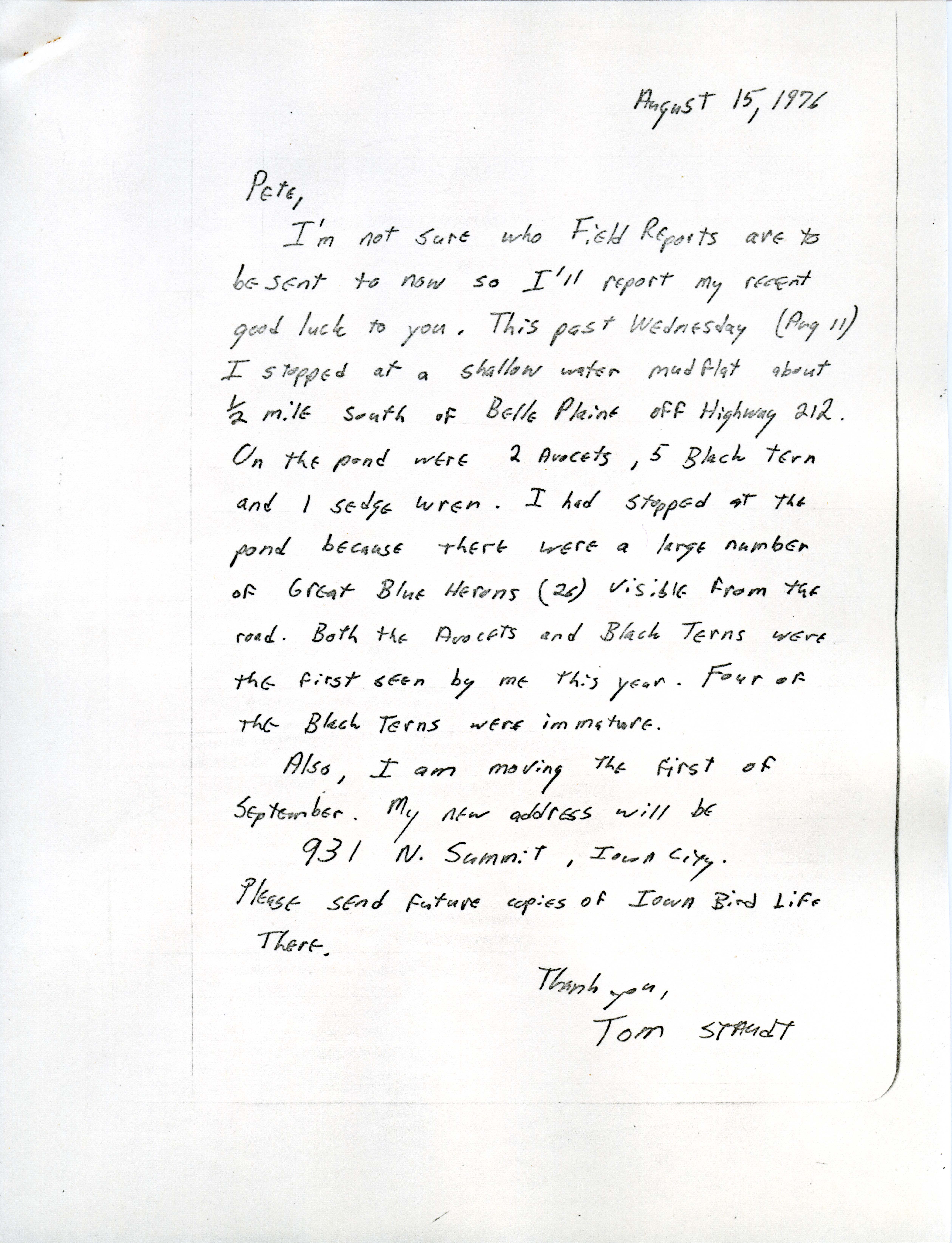 Letter from Tom Staudt to Pete Petersen regarding bird sightings and locations, August 15, 1976