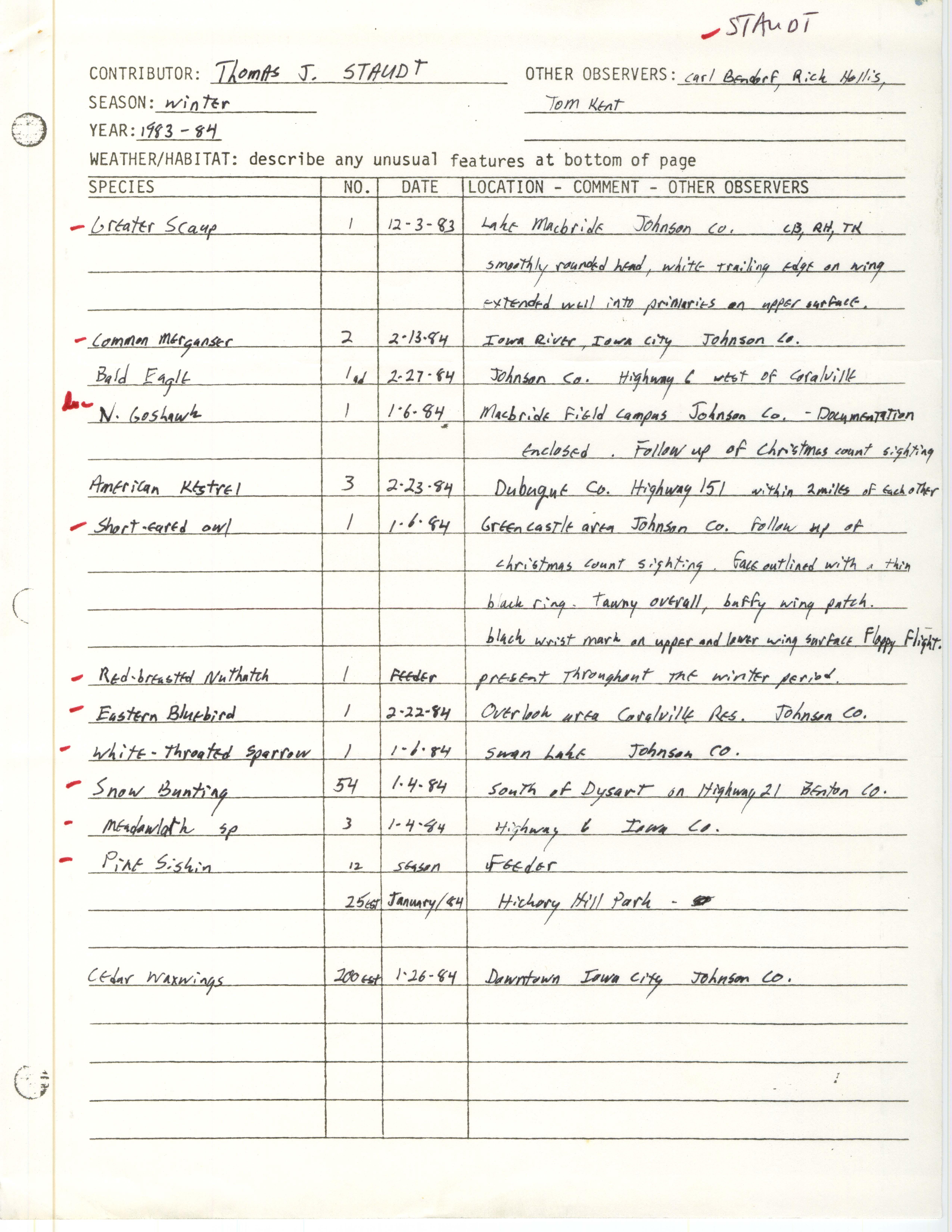 Field notes contributed by Thomas J. Staudt, winter 1983-1984