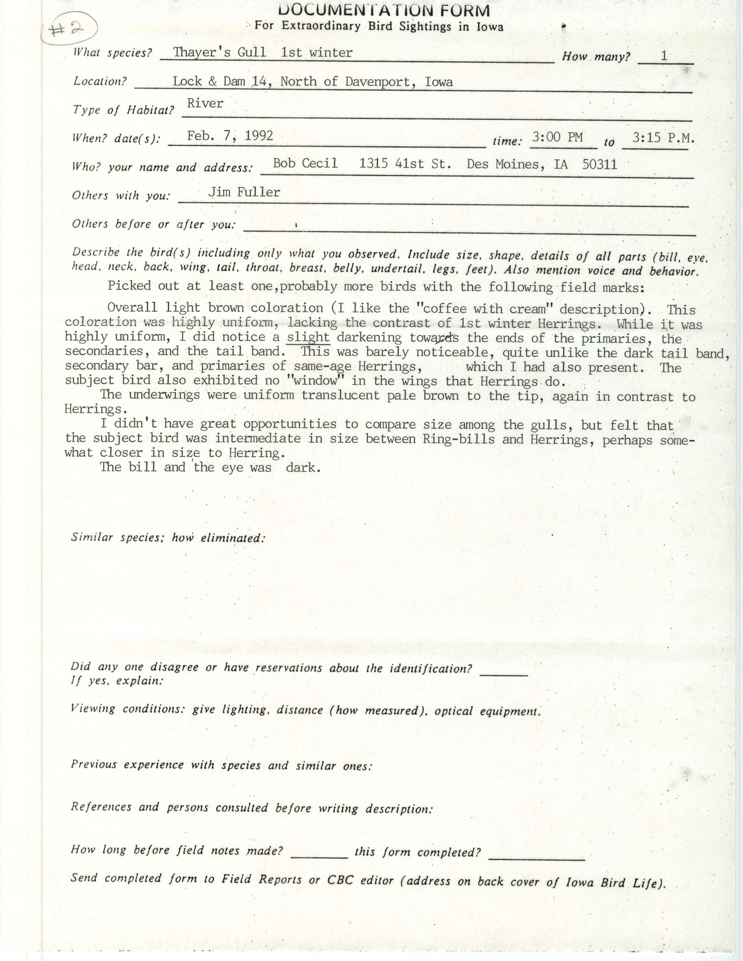 Documentation form for extraordinary bird sightings in Iowa, Thayer's Gull, February 7, 1992 