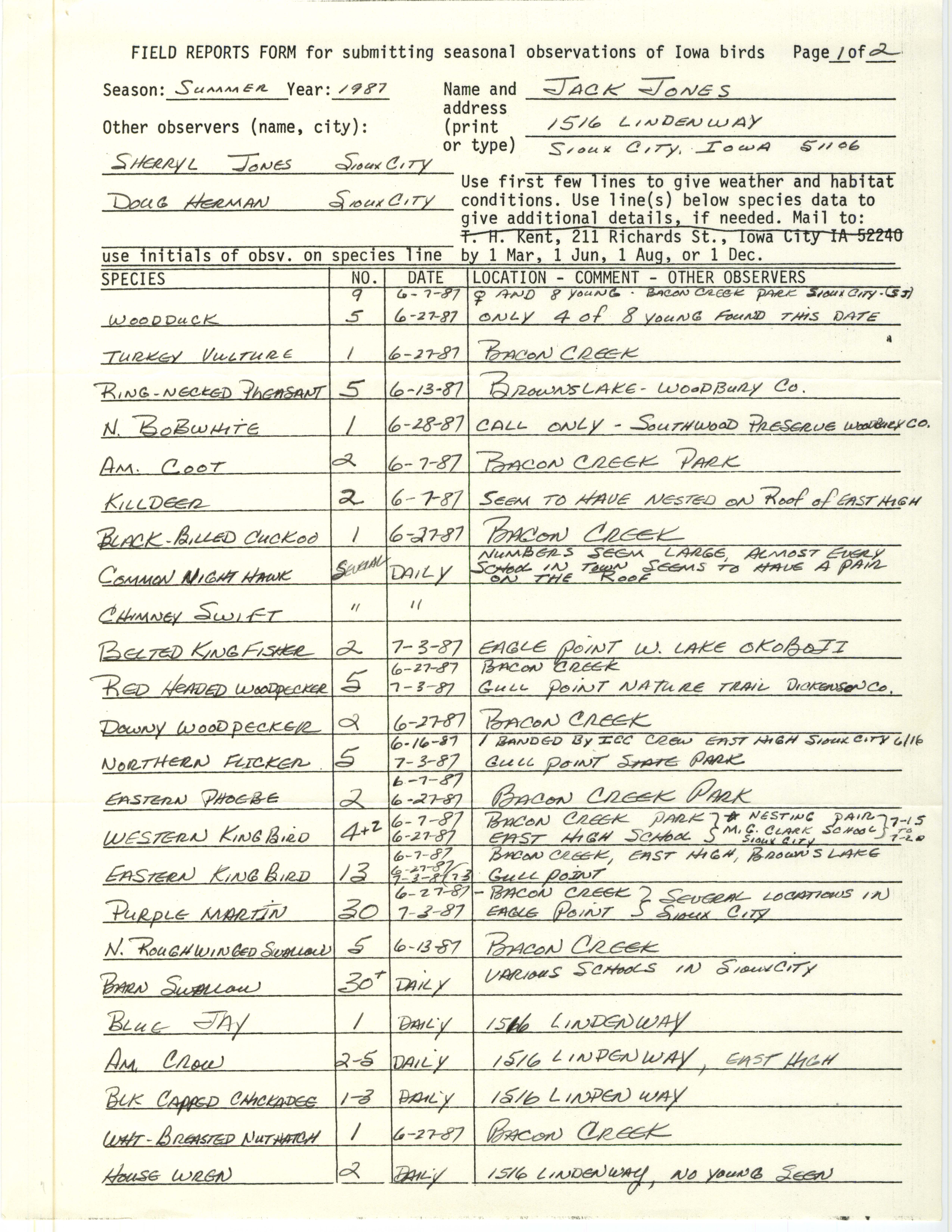 Field reports form for submitting seasonal observations of Iowa birds, Jack Jones, summer 1987