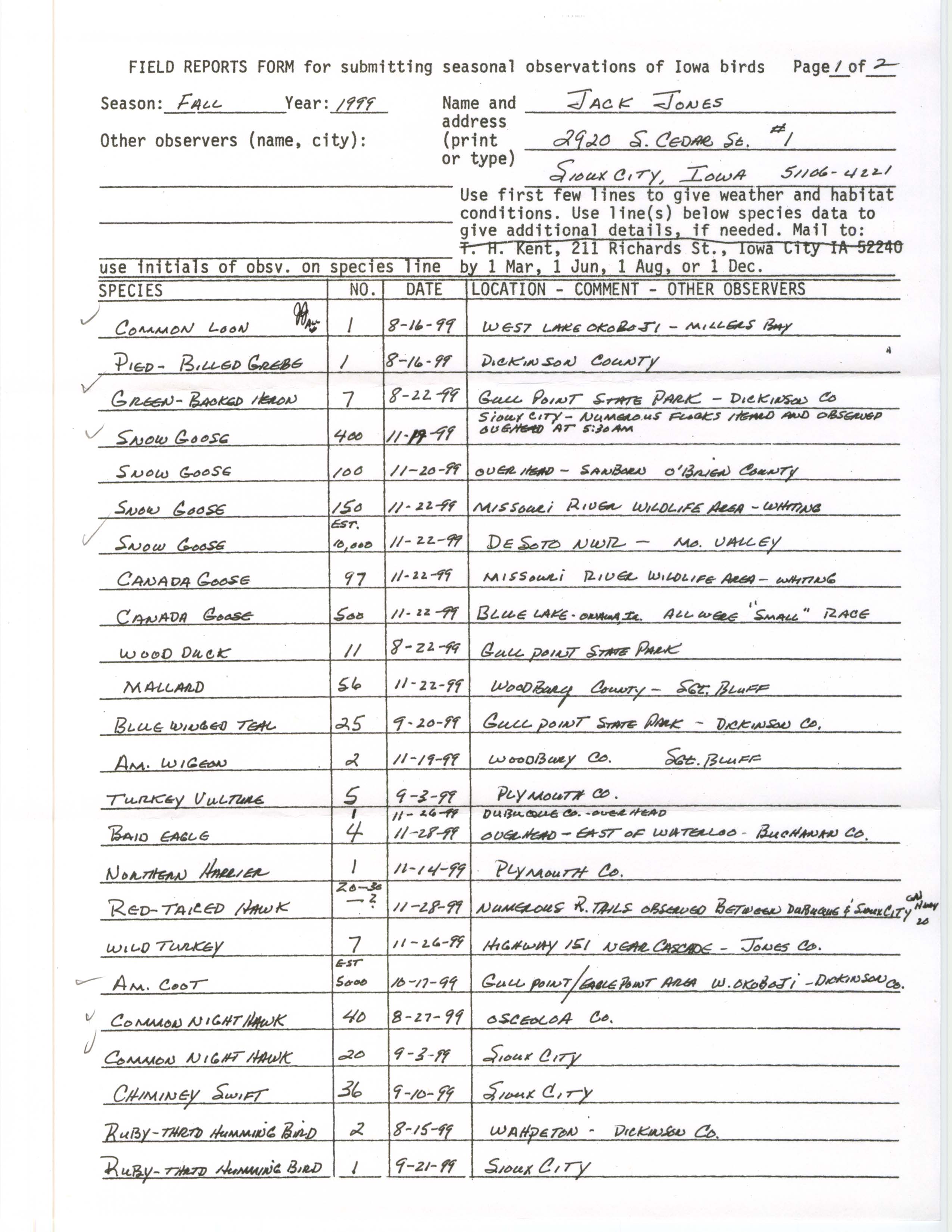 Field reports form for submitting seasonal observations of Iowa birds, fall 1999, Jack Jones