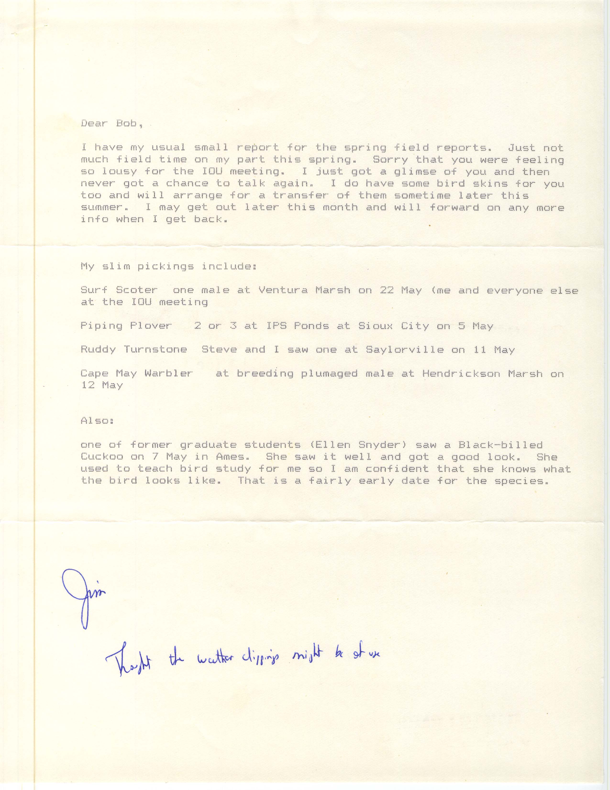 James J. Dinsmore letter to Robert K. Myers regarding bird sightings, spring 1988
