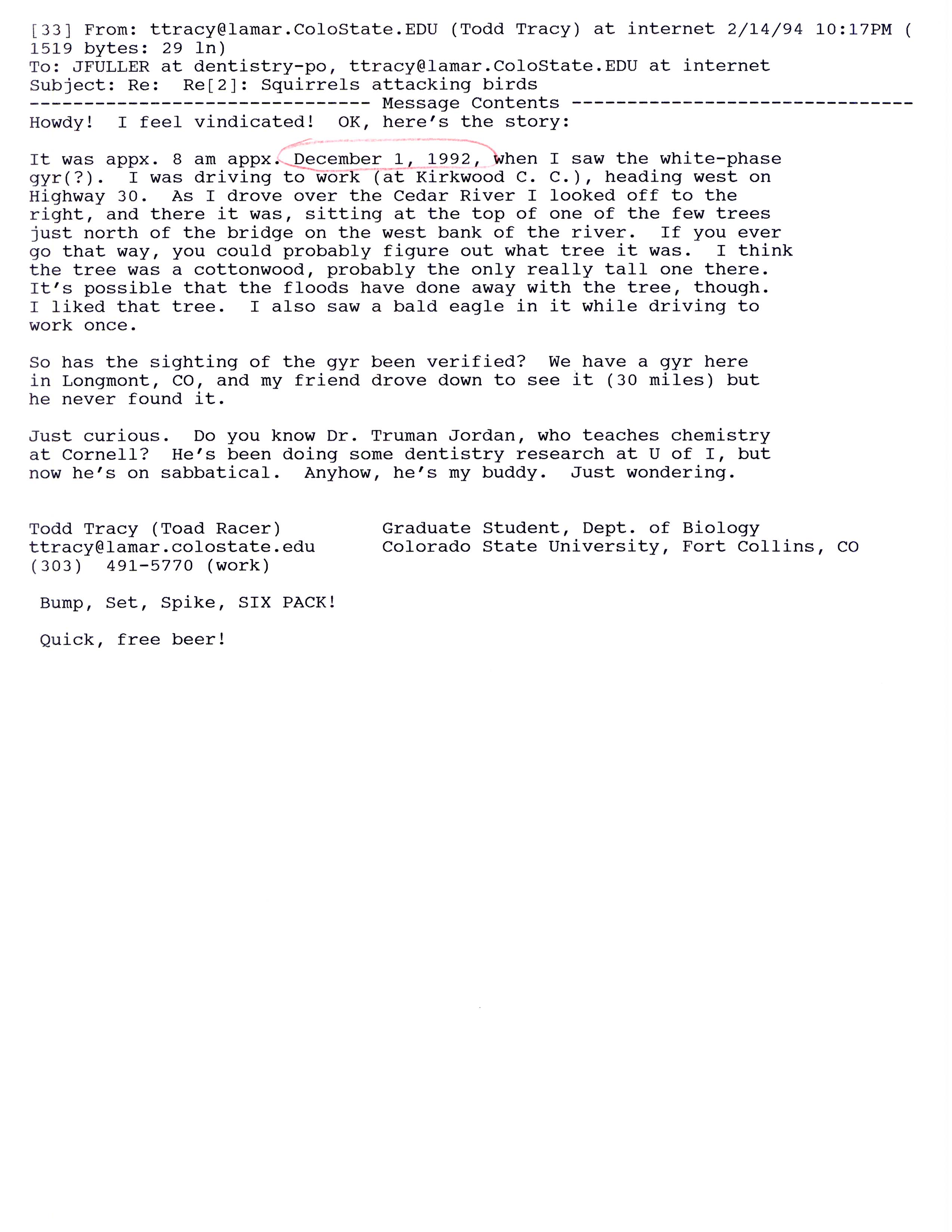 Todd Tracy email to Jim Fuller regarding Gyrfalcon sighting, February 14, 1994