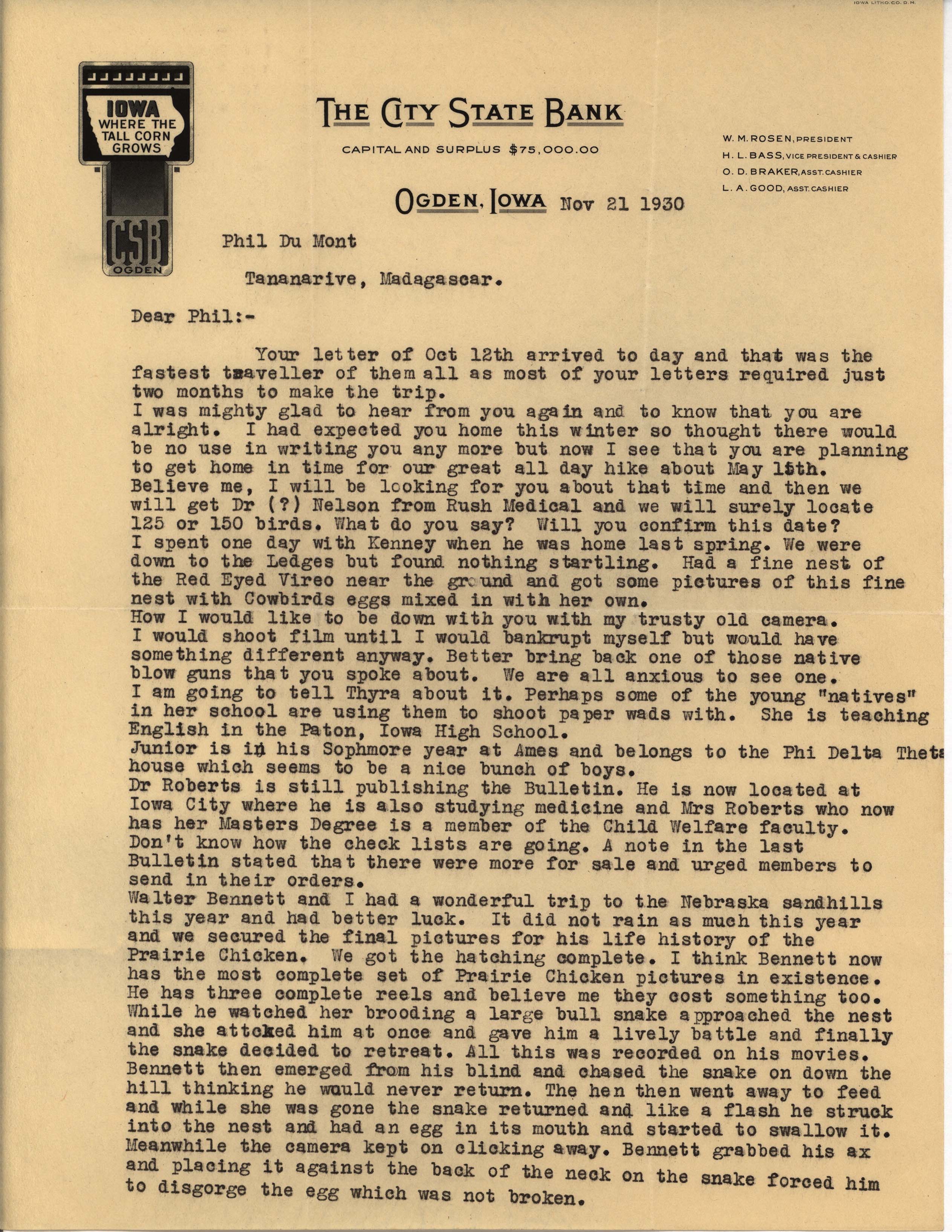 Walter Rosene letter to Philip DuMont regarding Prairie Chicken pictures, November 21, 1930